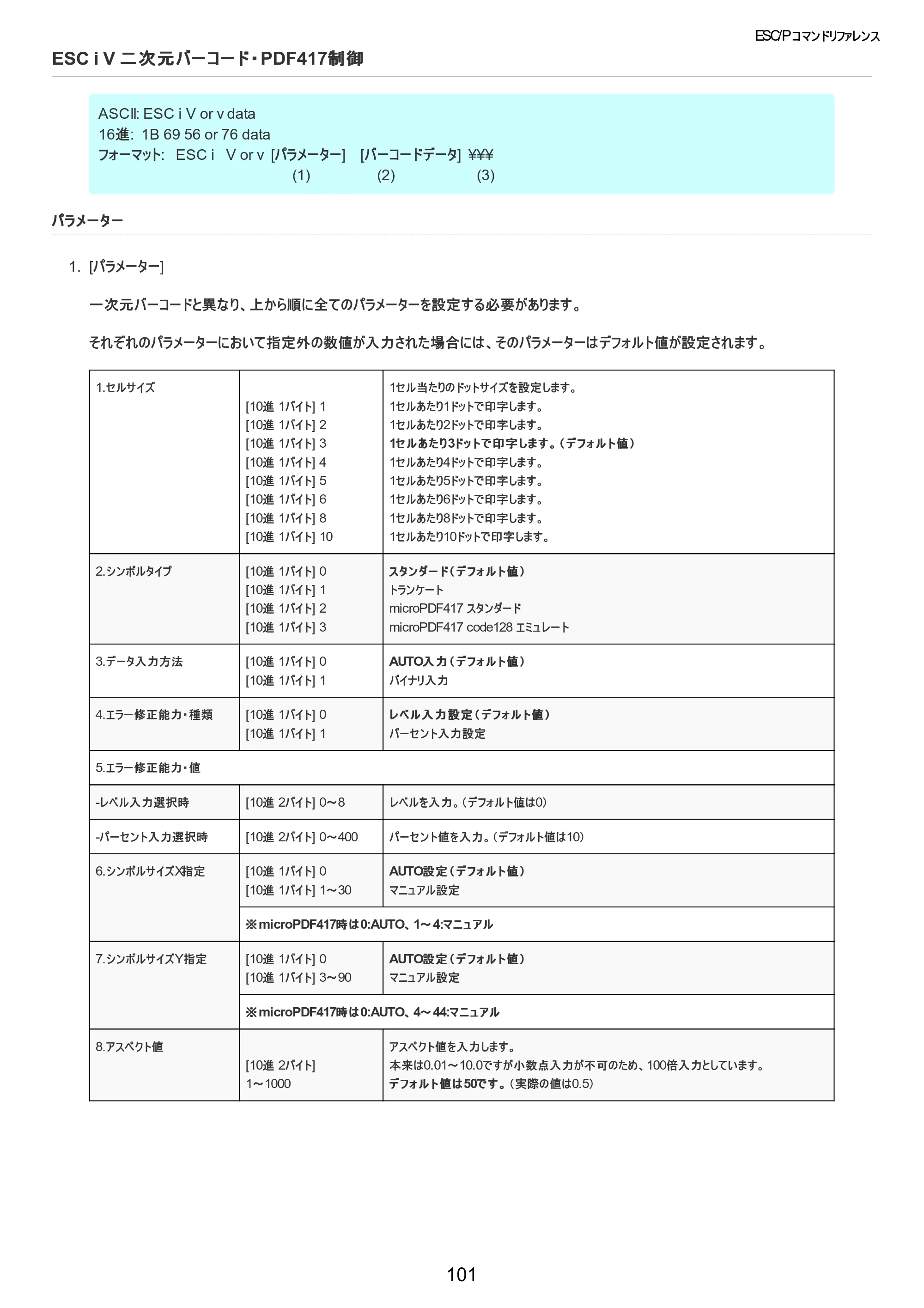 ブラザー TD-2320D / TD-2320DSA / TD-2350D ESC/Pコマンドリファレンス — ESC i V 二次元バーコード・PDF417制御 — 原本ページ — 102ページ