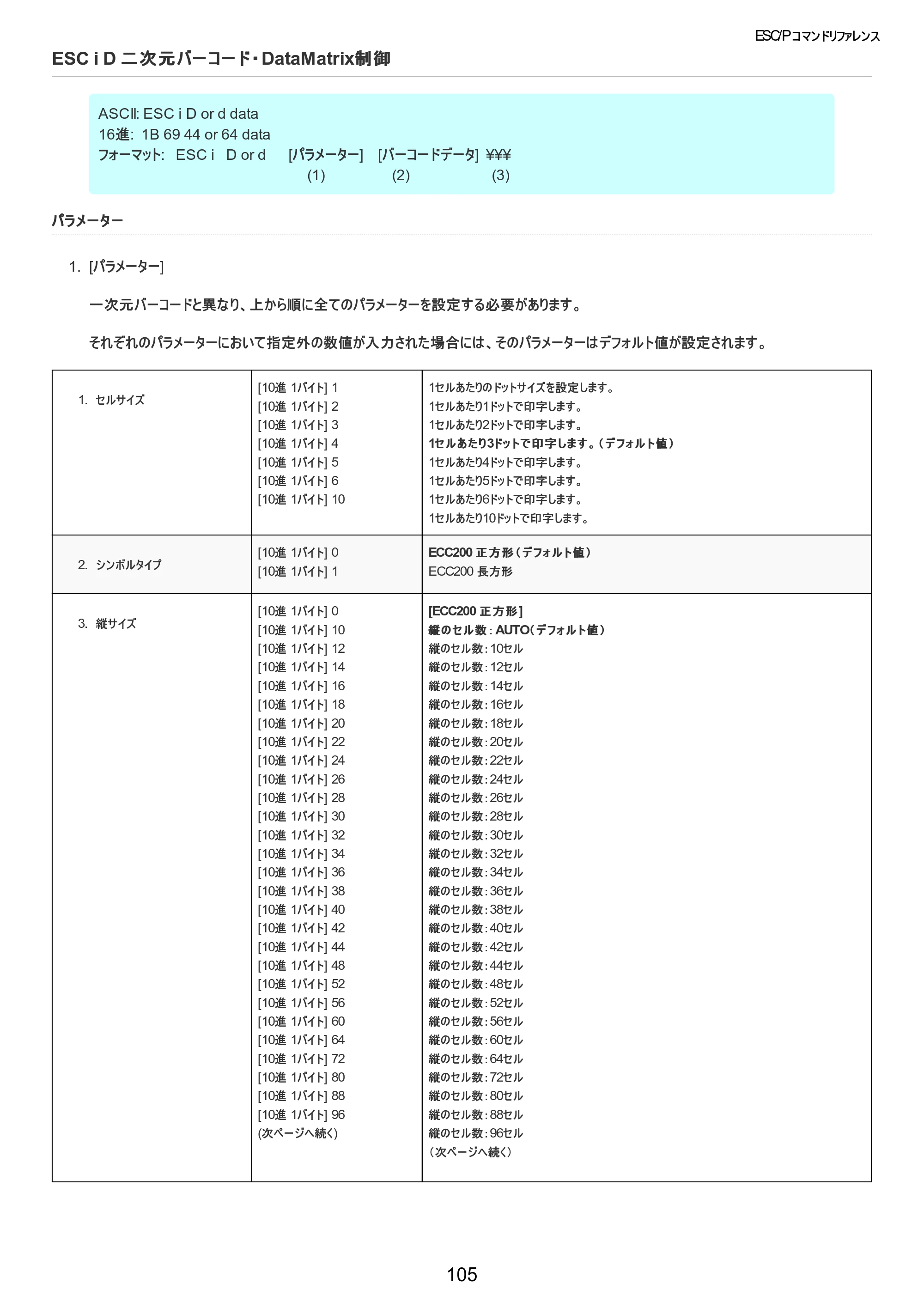 ブラザー TD-2320D / TD-2320DSA / TD-2350D ESC/Pコマンドリファレンス — ESC i D 二次元バーコード・DataMatrix制御 — 原本ページ — 106ページ