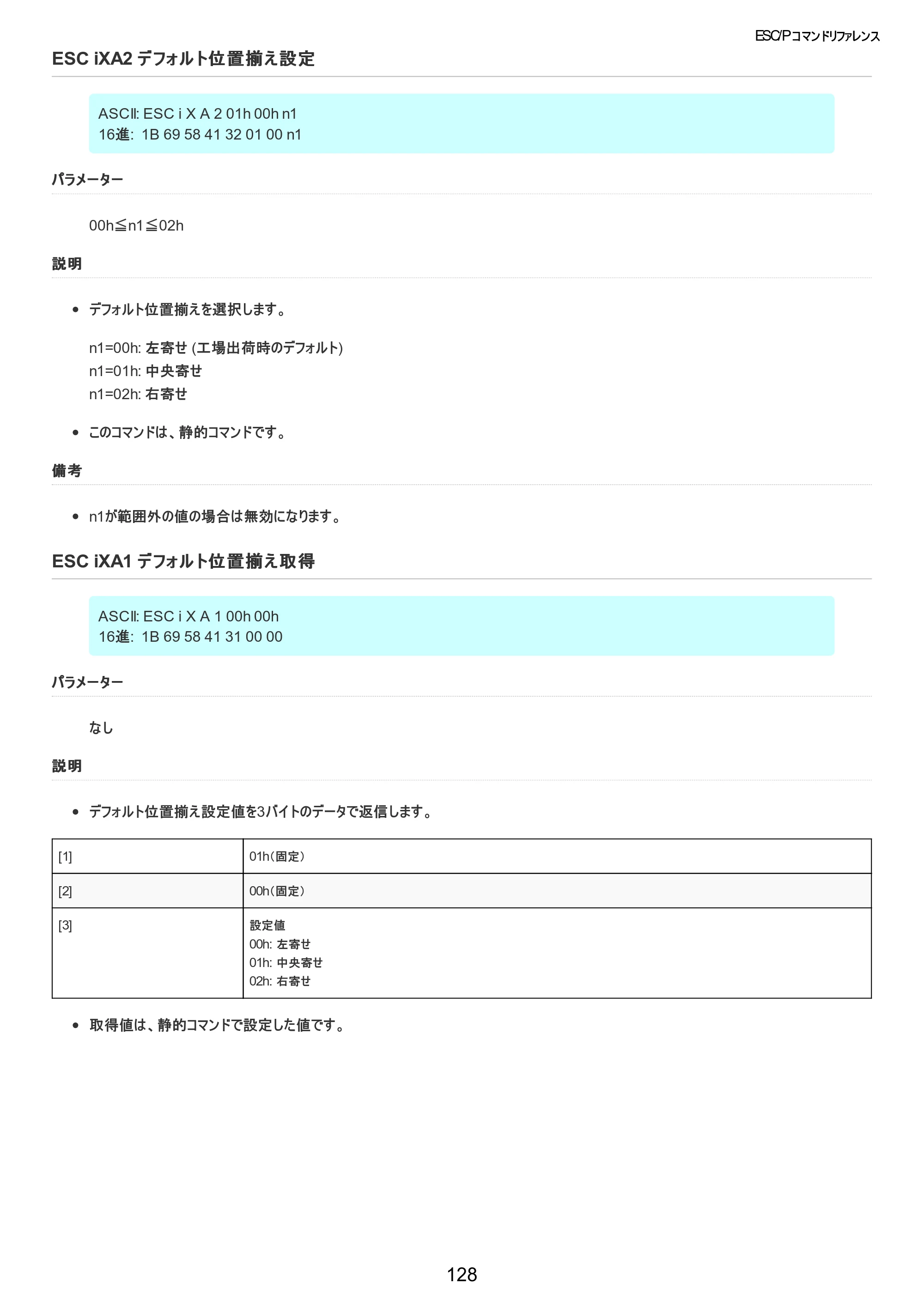 ブラザー TD-2320D / TD-2320DSA / TD-2350D ESC/Pコマンドリファレンス — ESC iXA2 デフォルト位置揃え設定 — 原本ページ — 129ページ