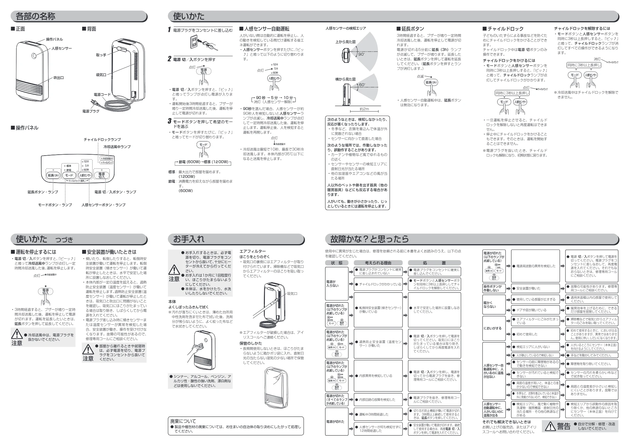 アイリスオーヤマ 人感センサー付き大風量セラミックファンヒーター PCHｰM12BｰP 取扱説明書 — 原本ページ — 2ページ