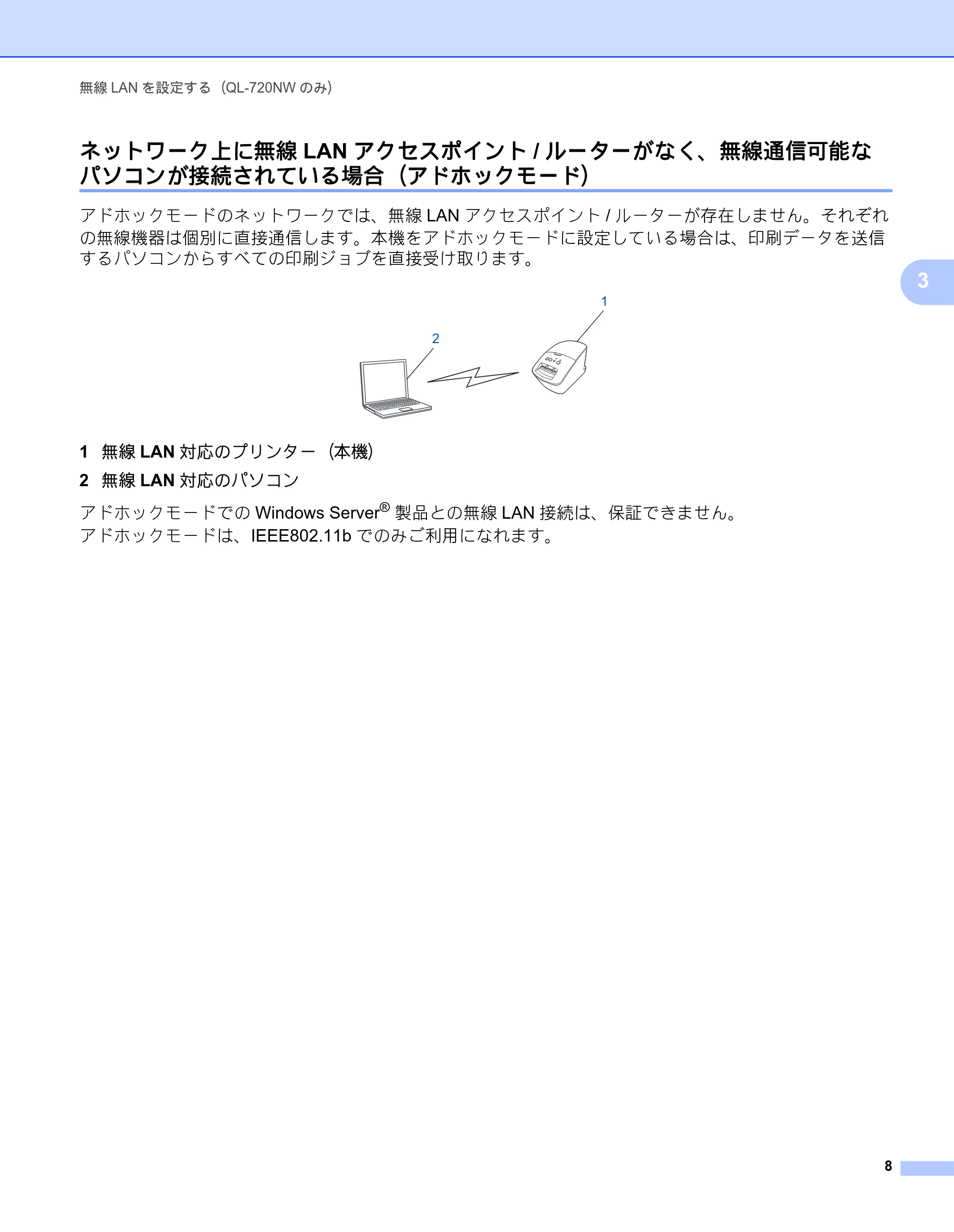 ブラザー QL-580N / QL-720NW ネットワーク設定ガイド — ネットワーク上に無線LANアクセスポイント/ルーターがなく、無線通信可能な パソコンが接続されている場合（アドホックモード） — 原本ページ — 12ページ