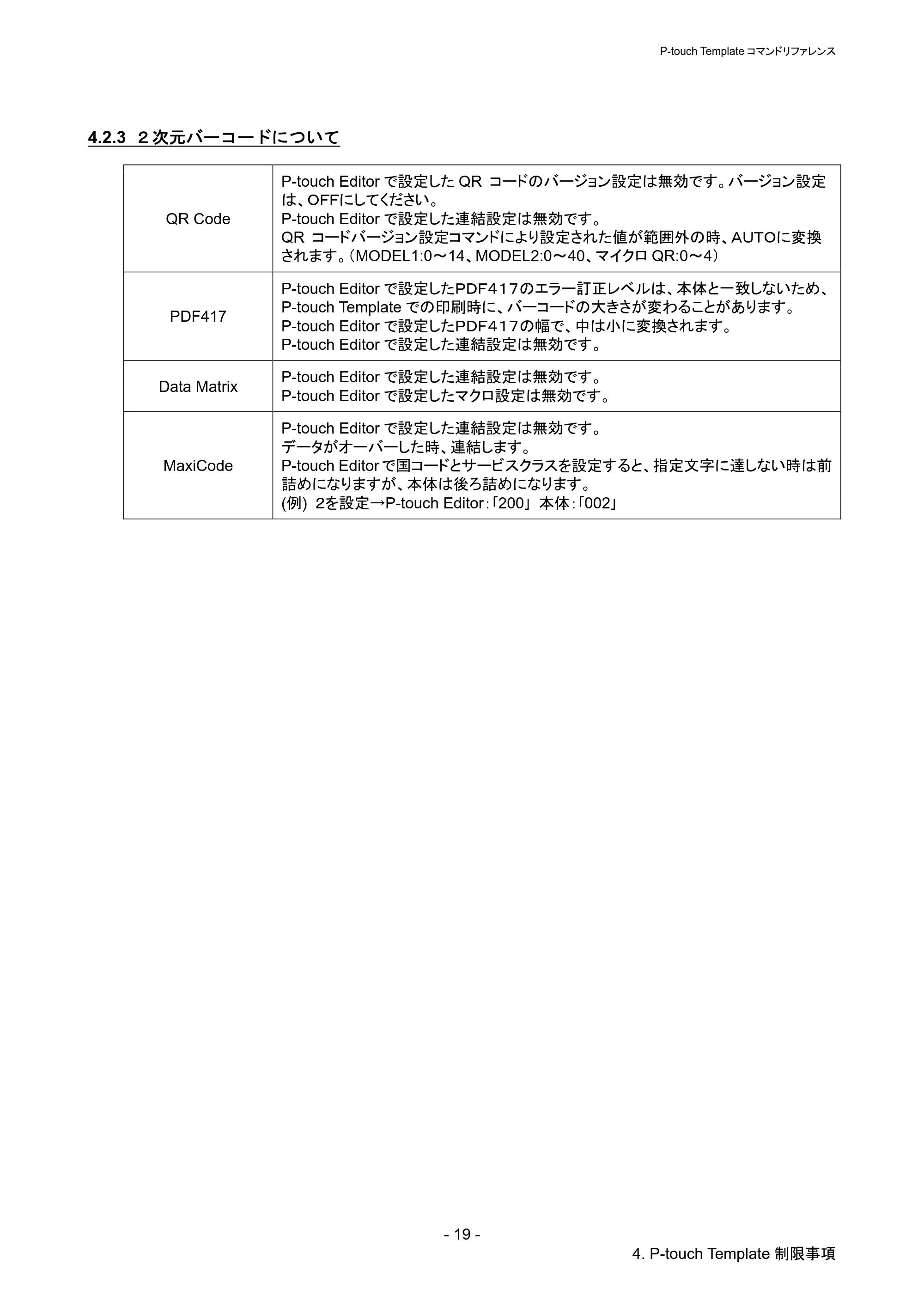 ブラザー QL-720NW P-touch テンプレートマニュアル / コマンドリファレンス — 4.2.3 2次元バーコードについて — 原本ページ — 24ページ