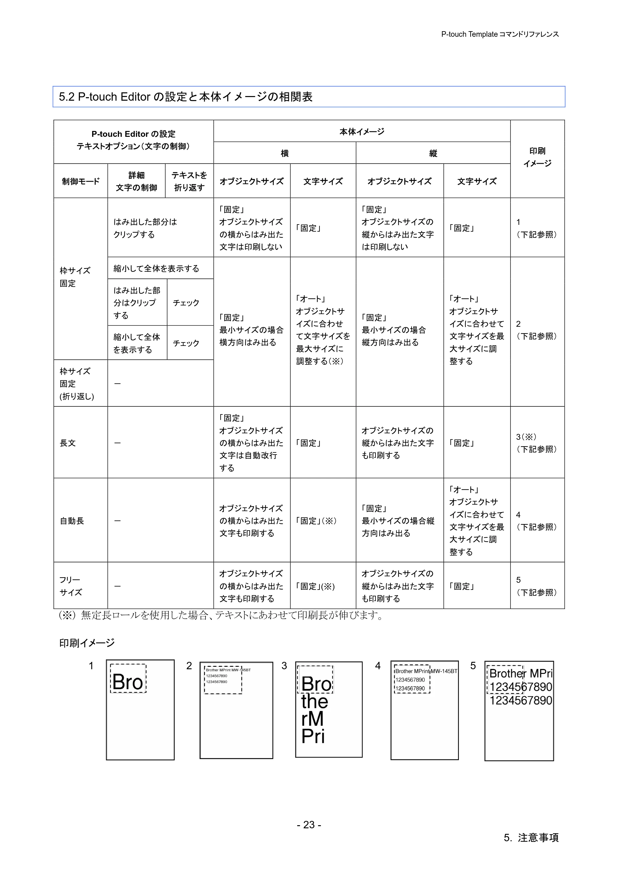 ブラザー QL-720NW P-touch テンプレートマニュアル / コマンドリファレンス — 5.2 P-touch Editorの設定と本体イメージの相関表 — 原本ページ — 28ページ