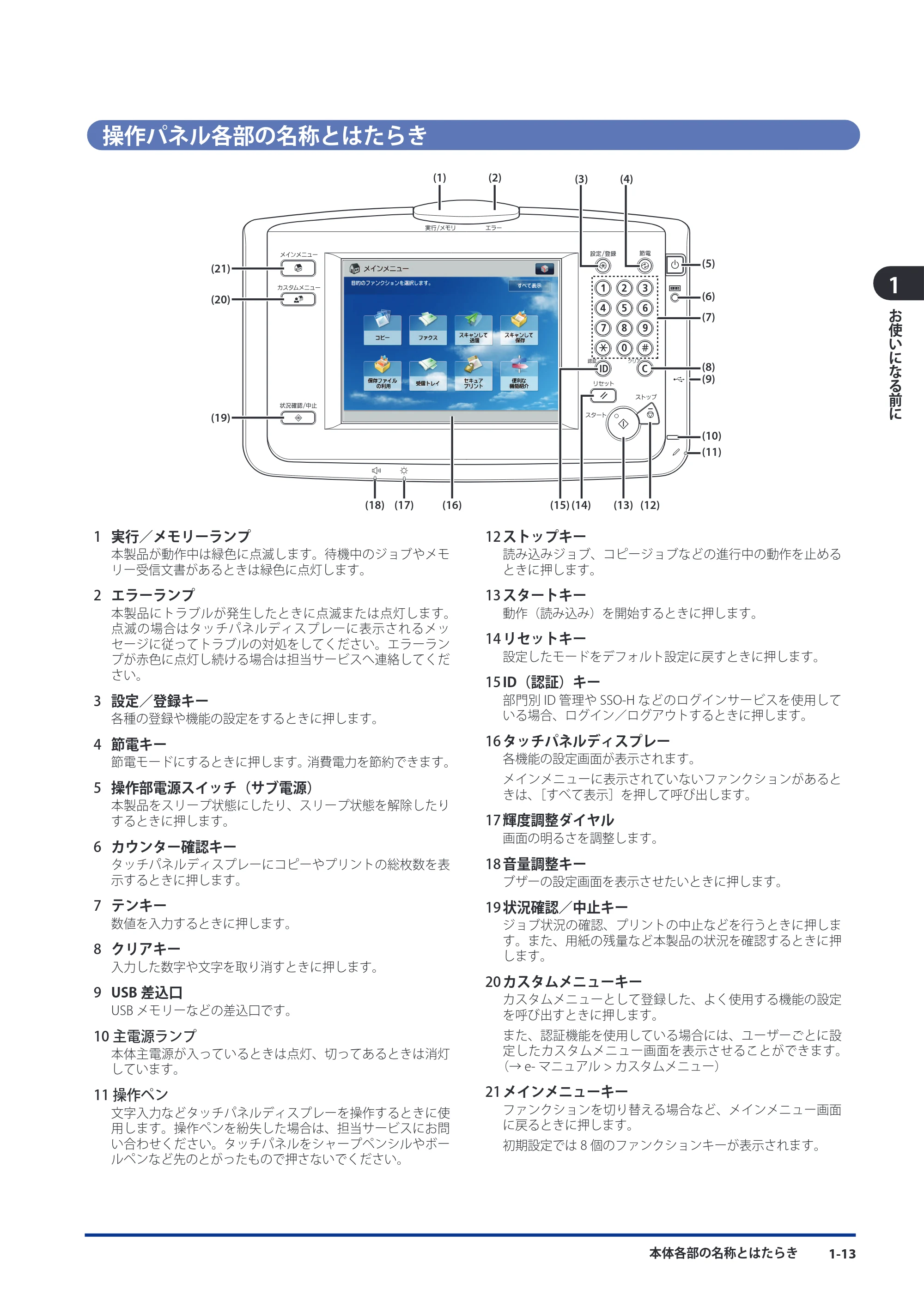 キヤノン imageRUNNER ADVANCE 8105 PRO/8105B/8095 PRO/8095B/8085 PRO/8085B スタートガイド 2012年3月27日更新（PDF：17.8MB） — 操作パネル各部の名称とはたらき — 原本ページ — 47ページ