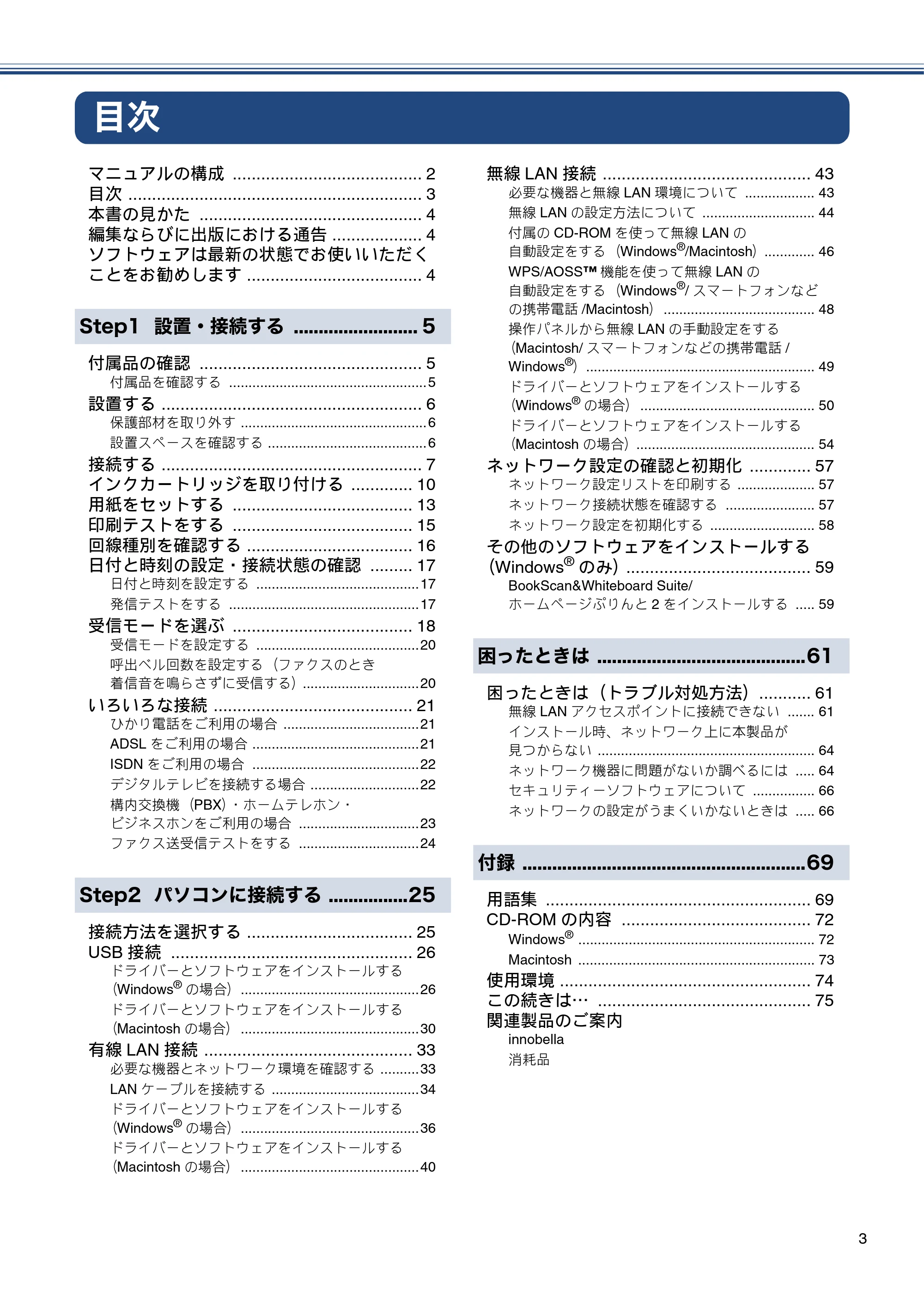 ブラザー MFC-J870N かんたん設置ガイド — 目次 — 原本ページ — 3ページ