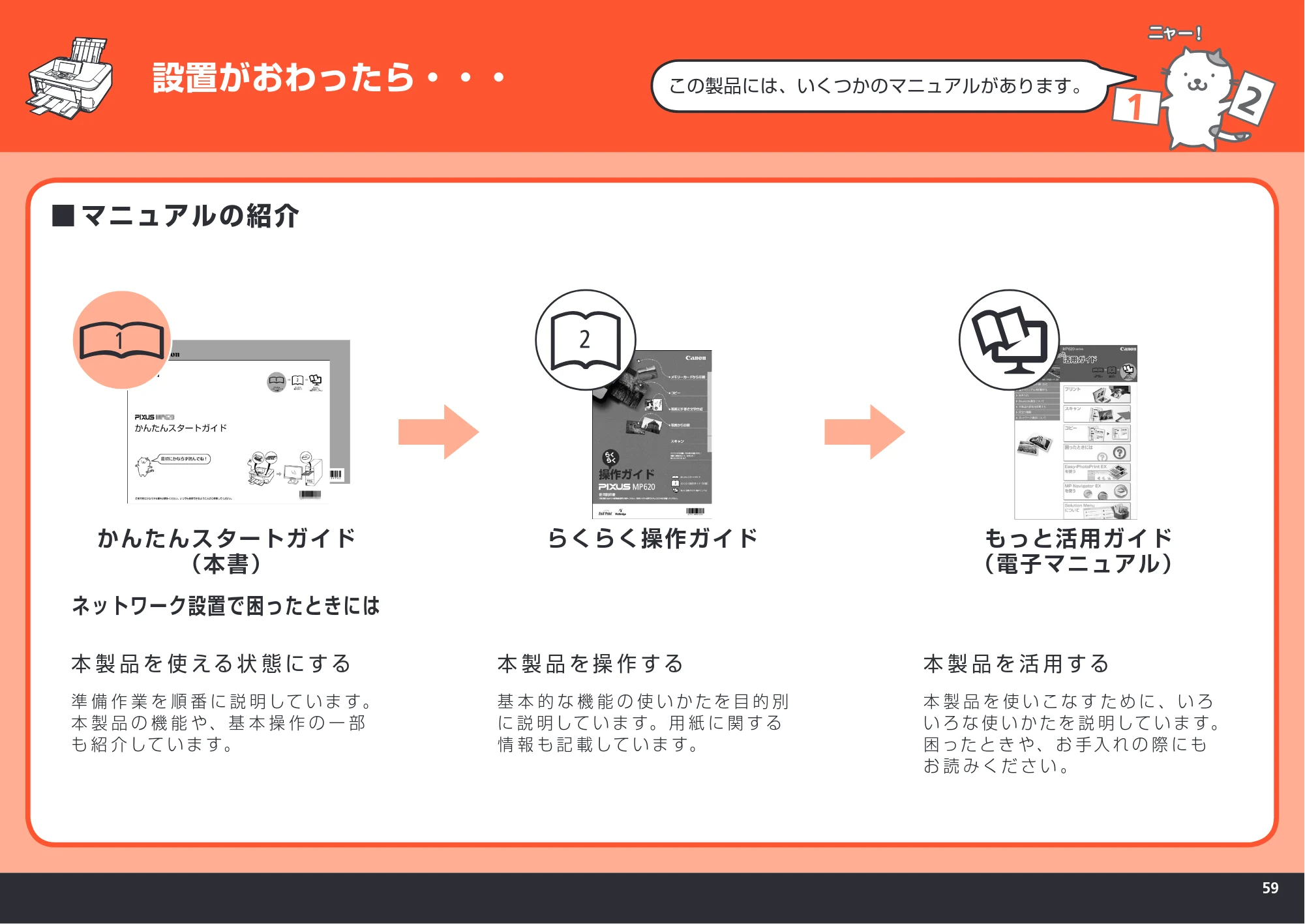 キヤノン PIXUS MP620 かんたんスタートガイド （PDF形式／11.48Mバイト） — 設置がおわったら・・・ — 原本ページ — 61ページ