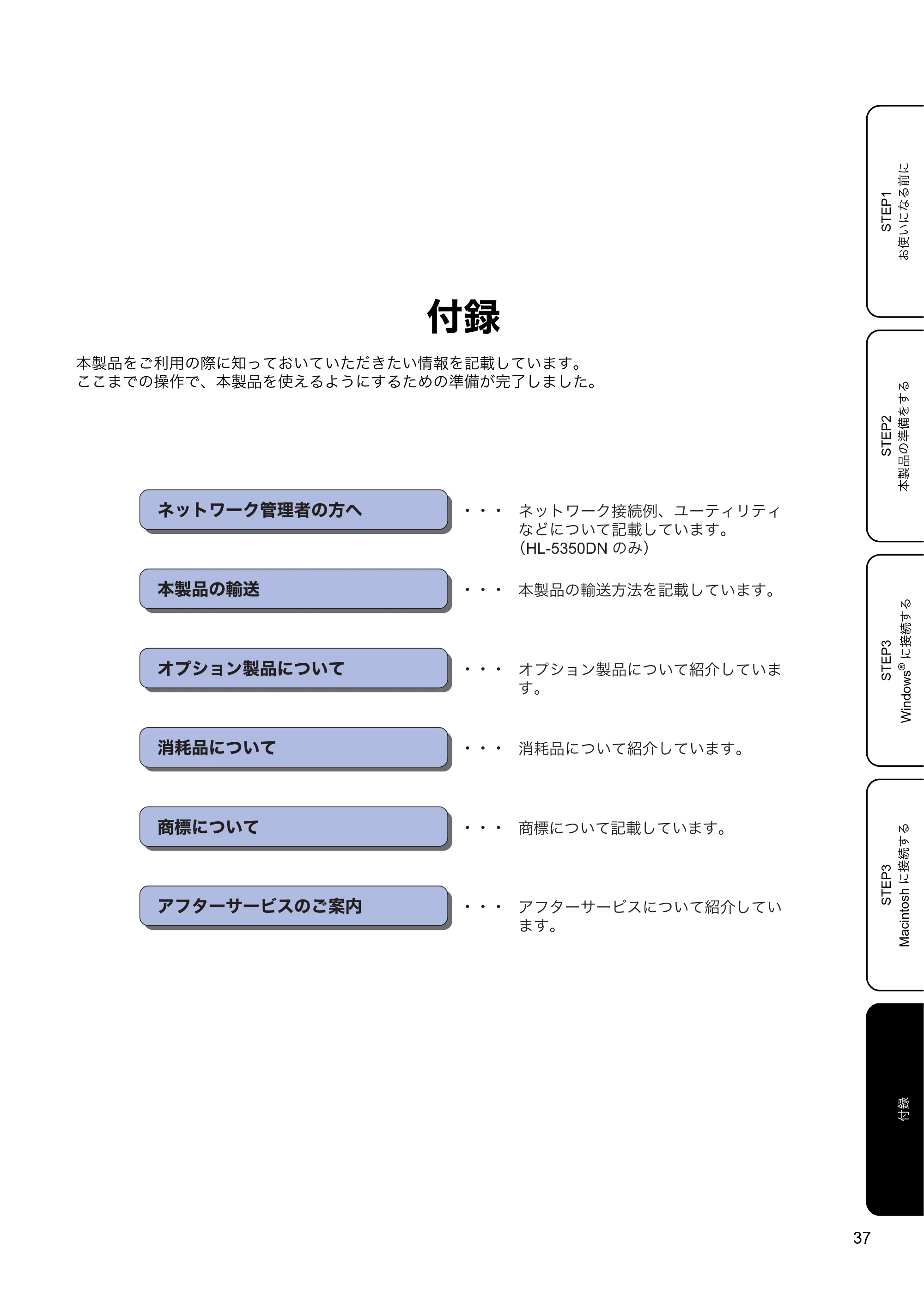 ブラザー HL-5340D / HL-5350DN かんたん設置ガイド — 付録 — 原本ページ — 39ページ