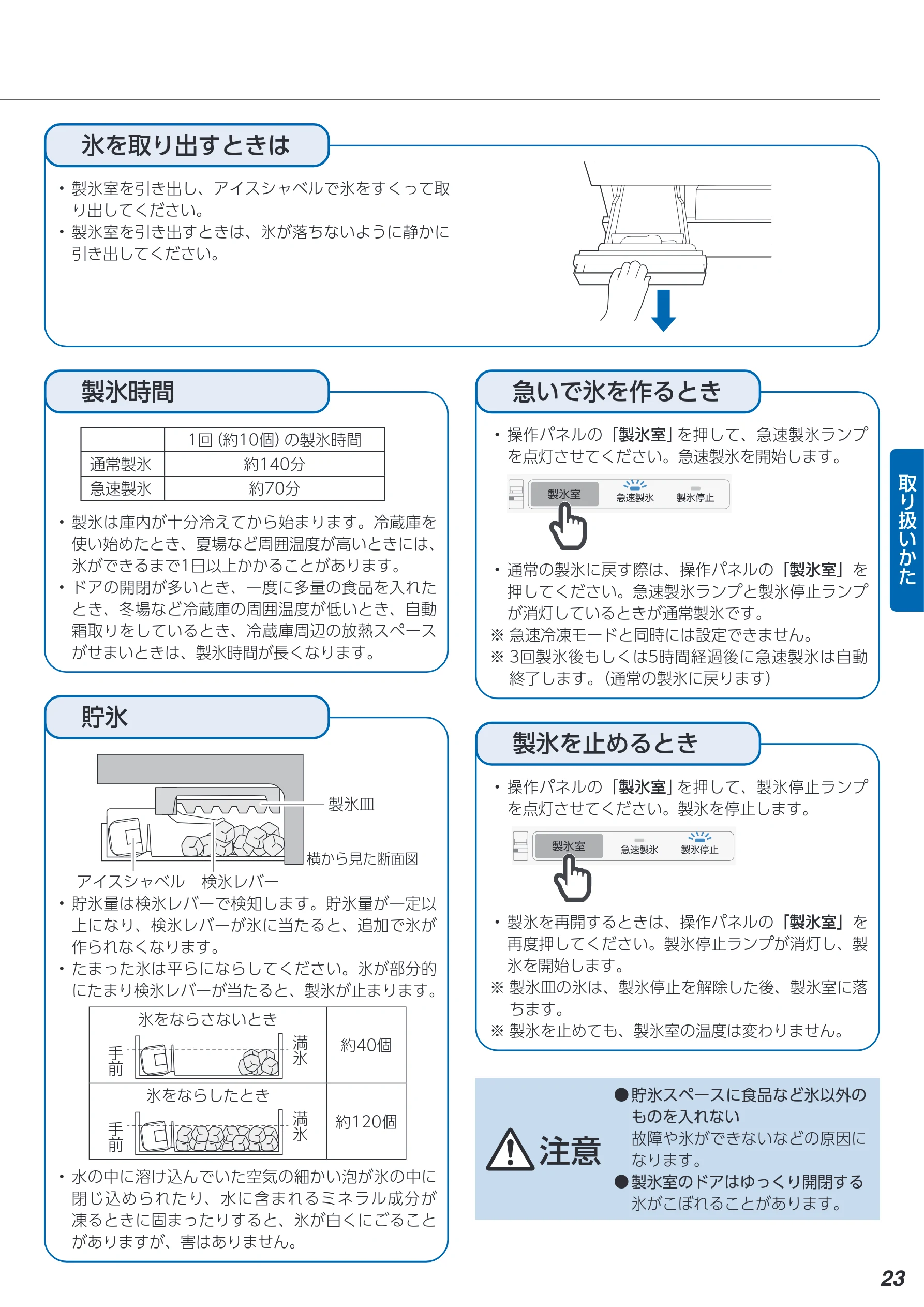 アイリスオーヤマ IRSN-C50A 取扱説明書 — 氷を取り出すときは — 図版 23-1 — 23ページ