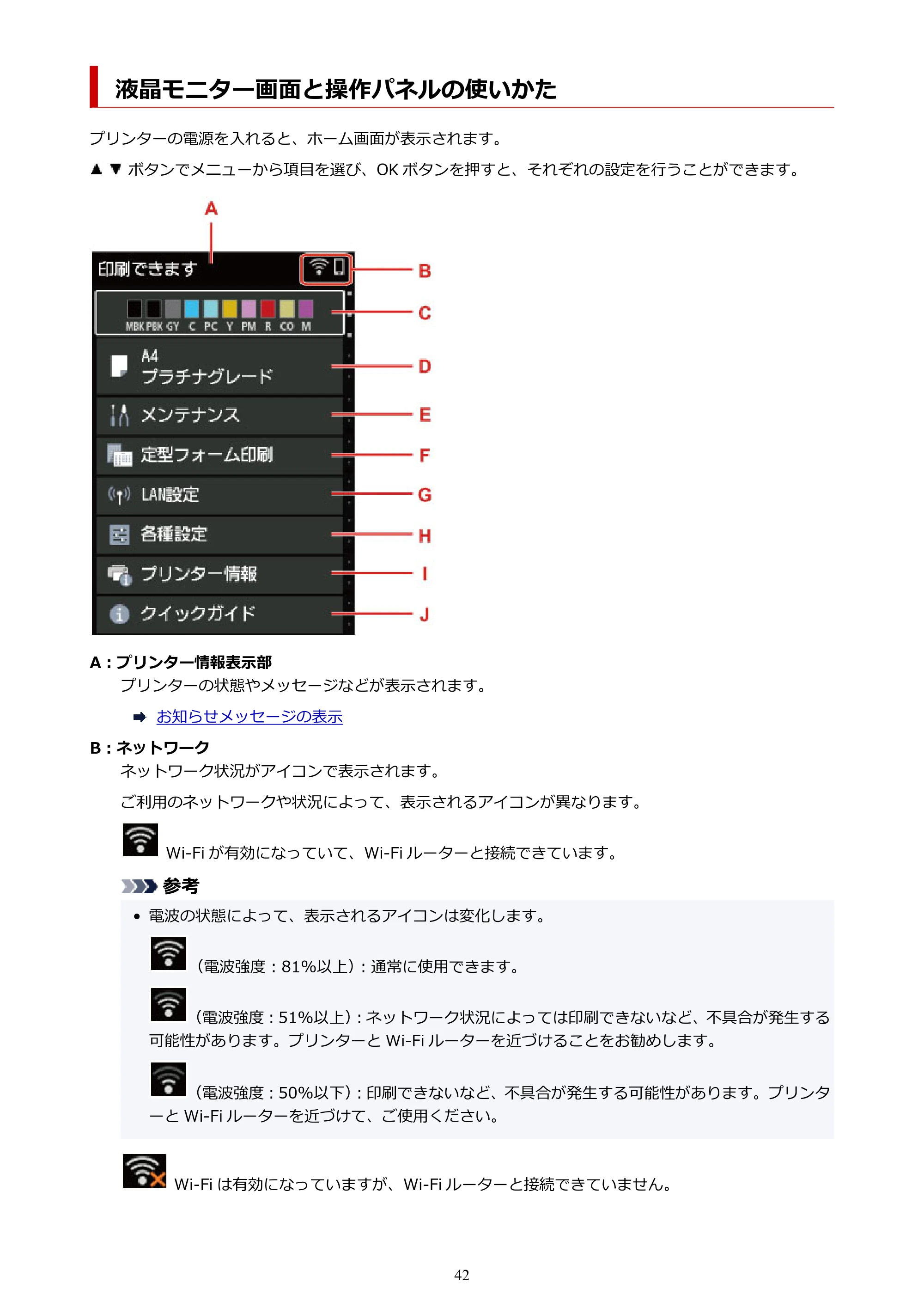 キヤノン imagePROGRAF PRO-G1 オンラインマニュアル PDF版（Mac版） 2022年3月3日掲載（PDF：11.6MB） — 液晶モニター画面と操作パネルの使いかた — 原本ページ — 42ページ