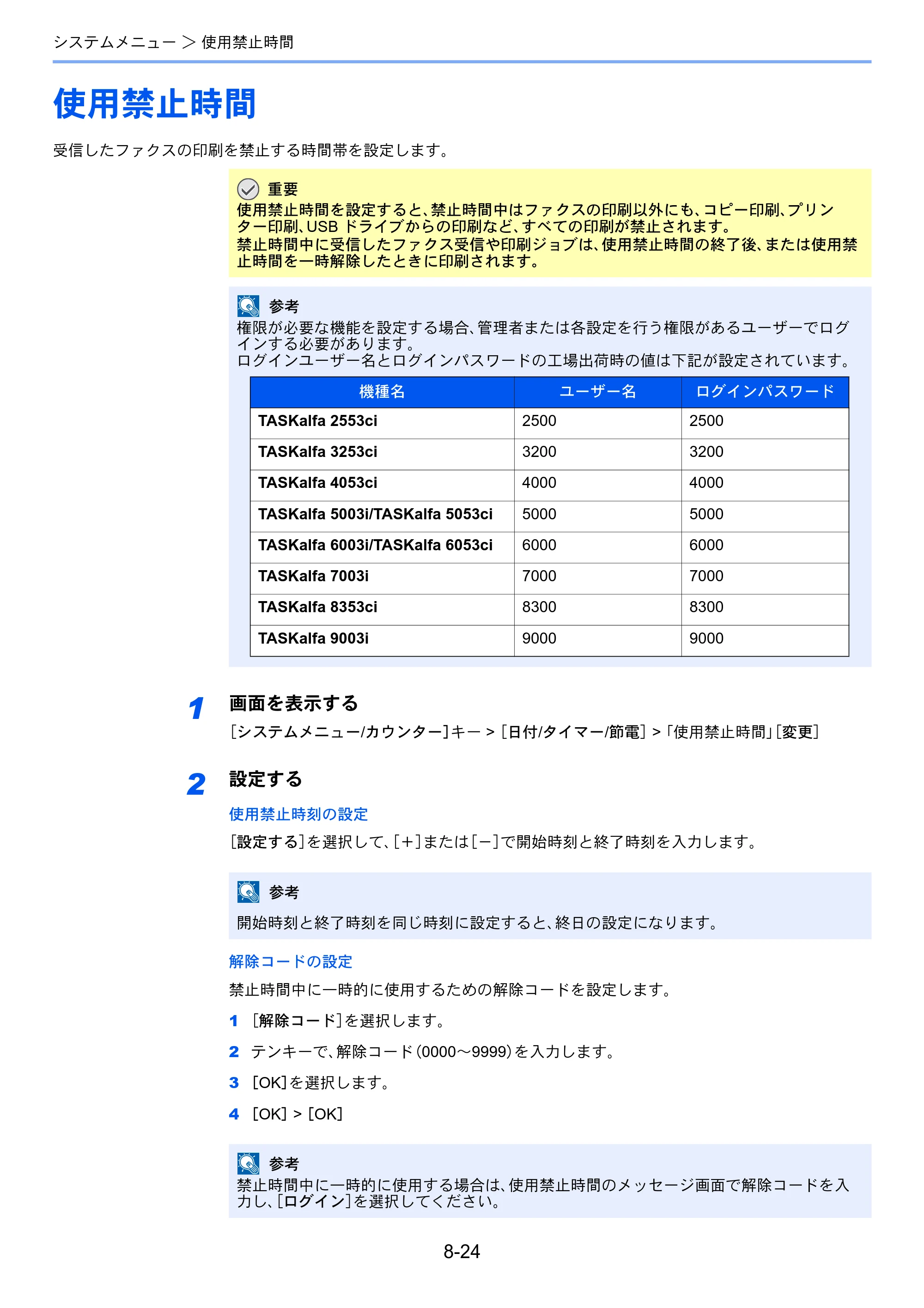 京セラ TASKalfa 2553ci / TASKalfa 3253ci / TASKalfa 4053ci TASKalfa 9003i/7003i FAX使用説明書 — 使用禁止時間 — 原本ページ — 213ページ