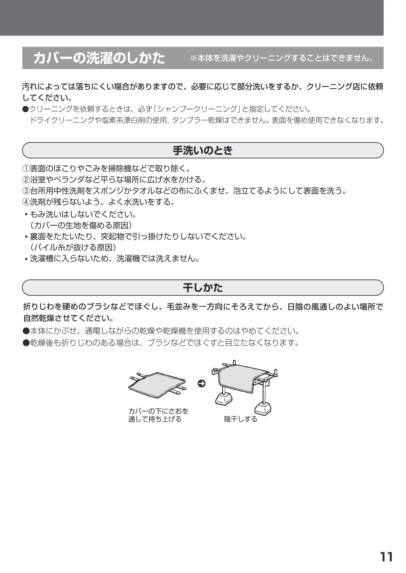 日立 HLU-2708 / HLU-3708 取扱説明書 — カバーの洗濯のしか7た 本体を浴やクリーニングすることはできません。 — 図版 11-1 — 11ページ
