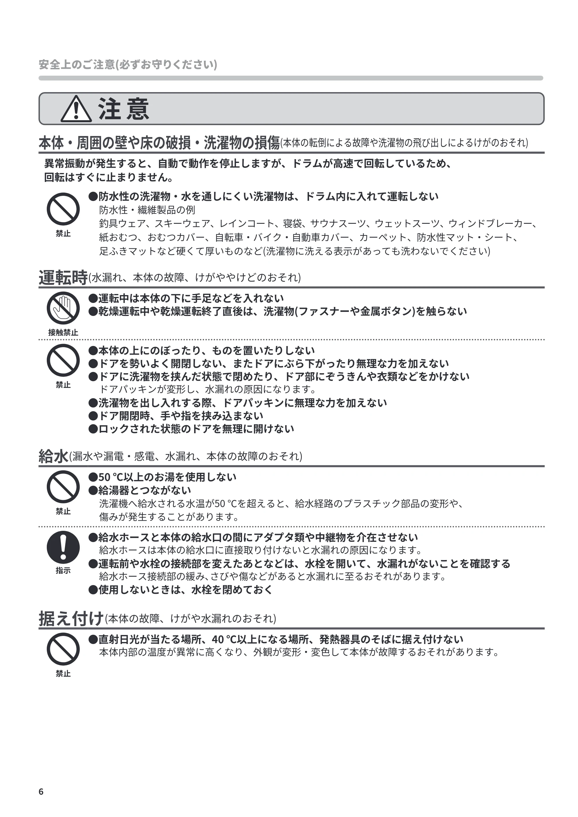 日立 BD-CG80PL / BD-CG80PR 取扱説明書 — 本体・周囲の壁や床の破損・洗濯物の損傷(本体の転倒による故障や洗濯物の飛び出しによるけがのおそれ) — 原本ページ — 6ページ