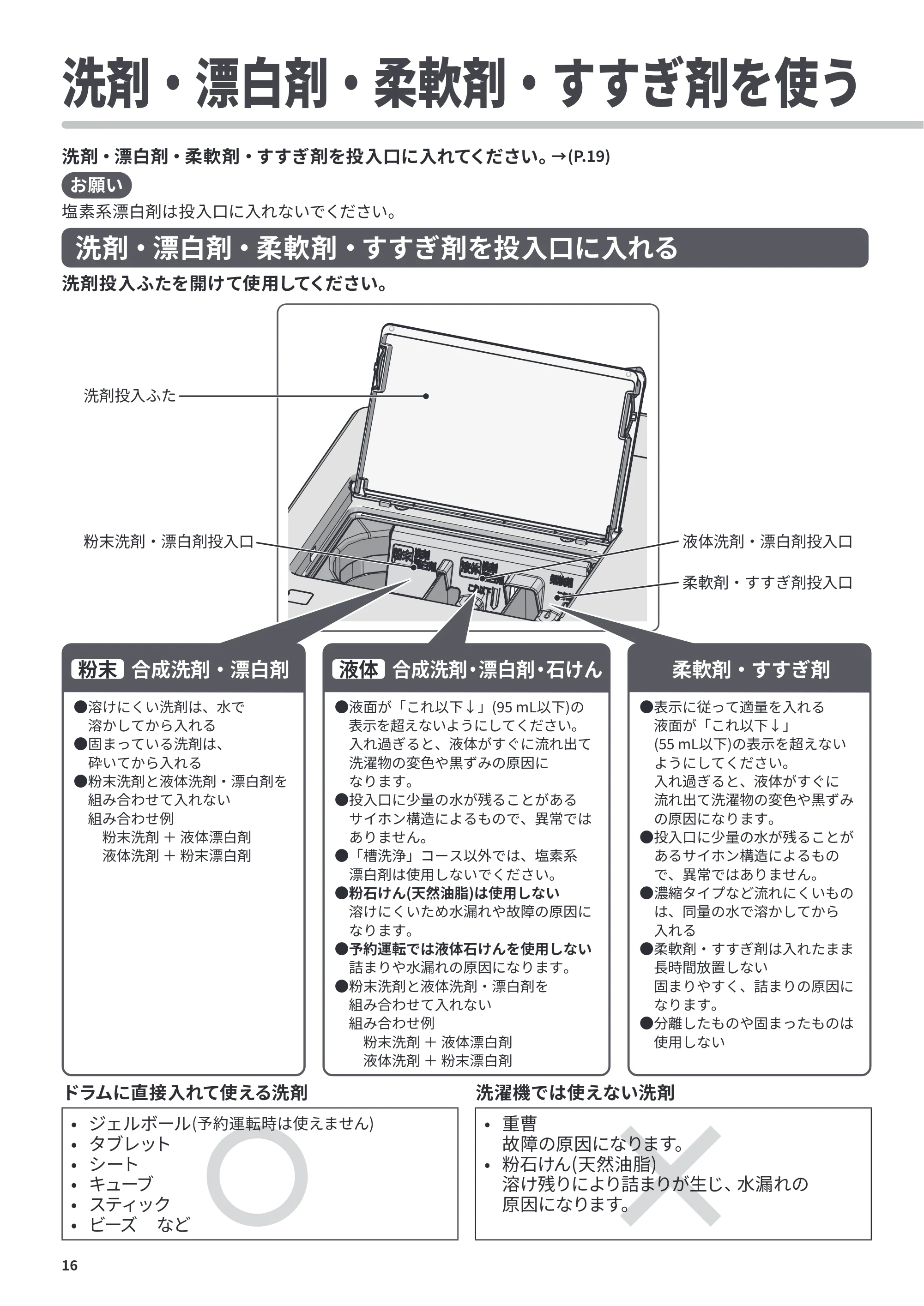 日立 BD-CG80PL / BD-CG80PR 取扱説明書 — 洗剤・漂白剤・柔軟剤・すすぎ剤を使う — 原本ページ — 16ページ