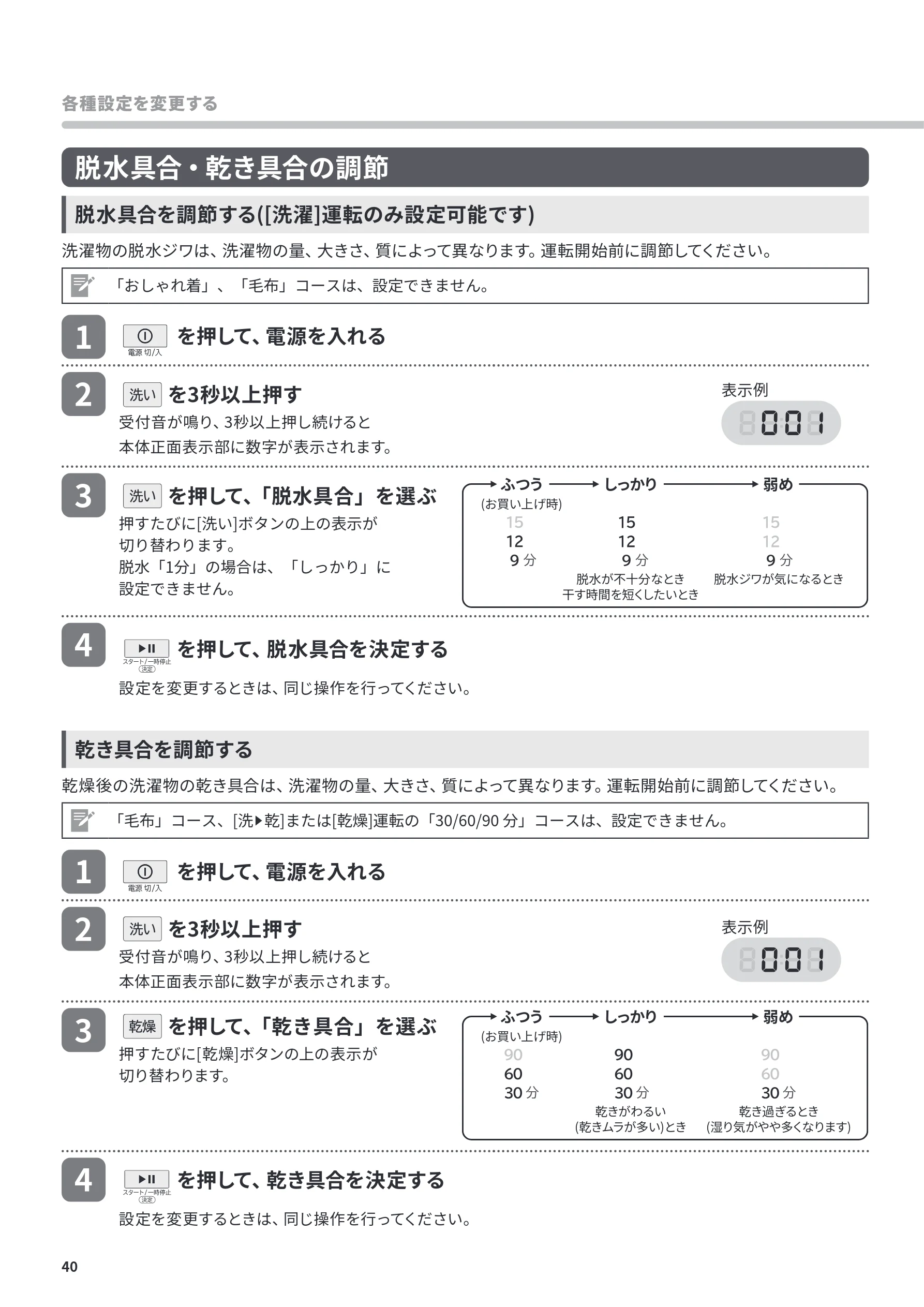 日立 BD-CG80PL / BD-CG80PR 取扱説明書 — 脱水具合・乾き具合の調節 — 図版 40-1 — 40ページ