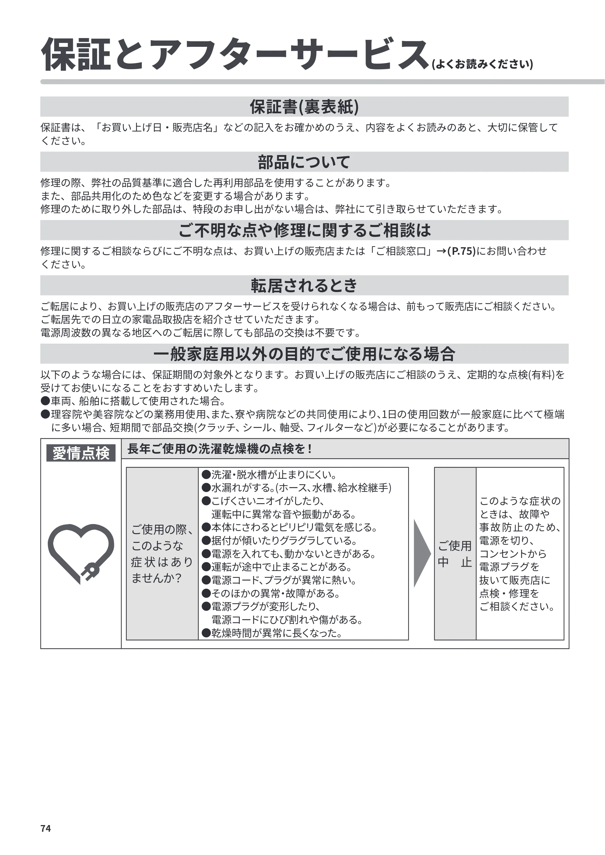 日立 BD-CG80PL / BD-CG80PR 取扱説明書 — 保証とアフターサービス — 原本ページ — 74ページ