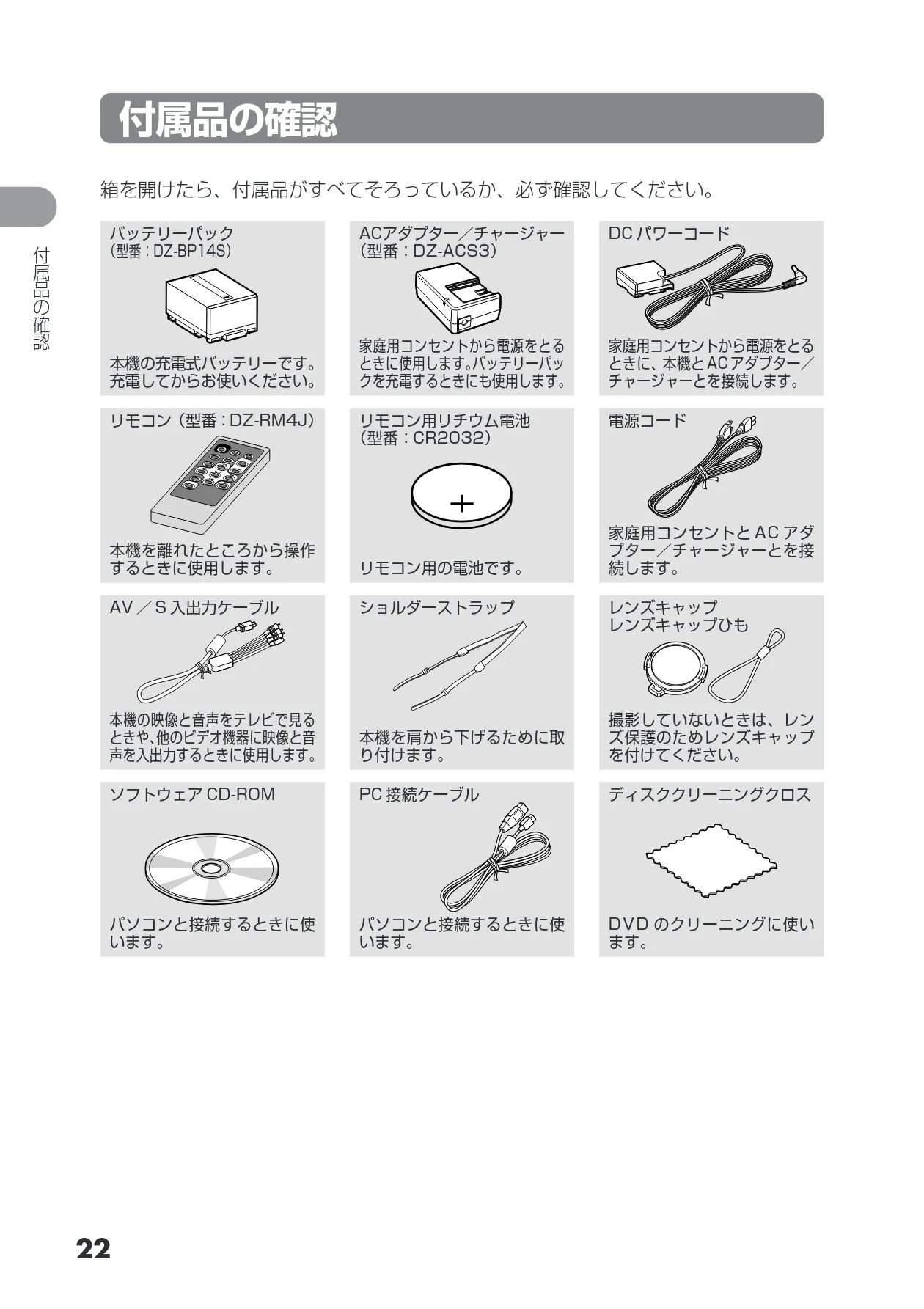 日立 DZ-HS403 / DZ-HS401 取扱説明書 — 付属品の確認 — 図版 22-1 — 22ページ
