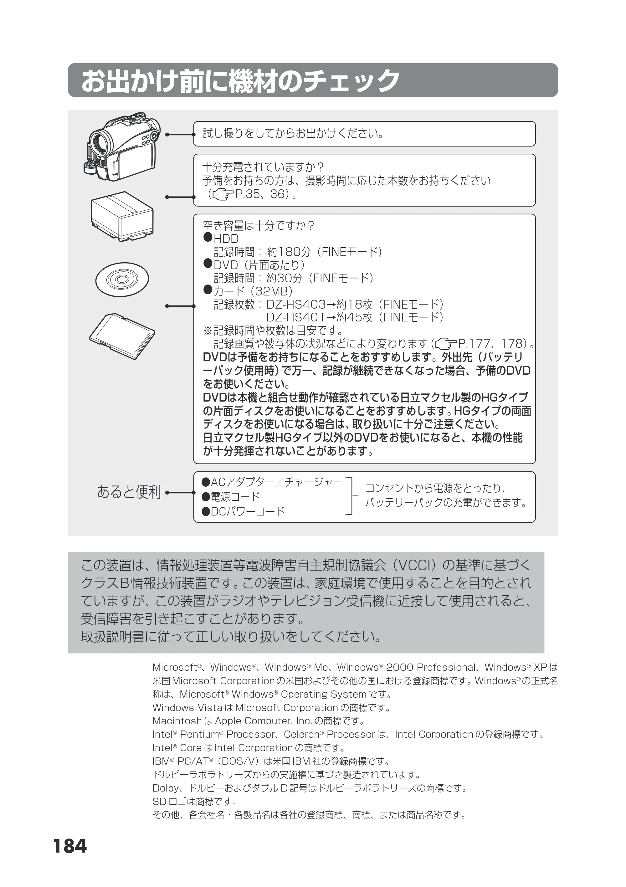 日立 DZ-HS403 / DZ-HS401 取扱説明書 — お出かけ前に機材のチェック — 原本ページ — 184ページ