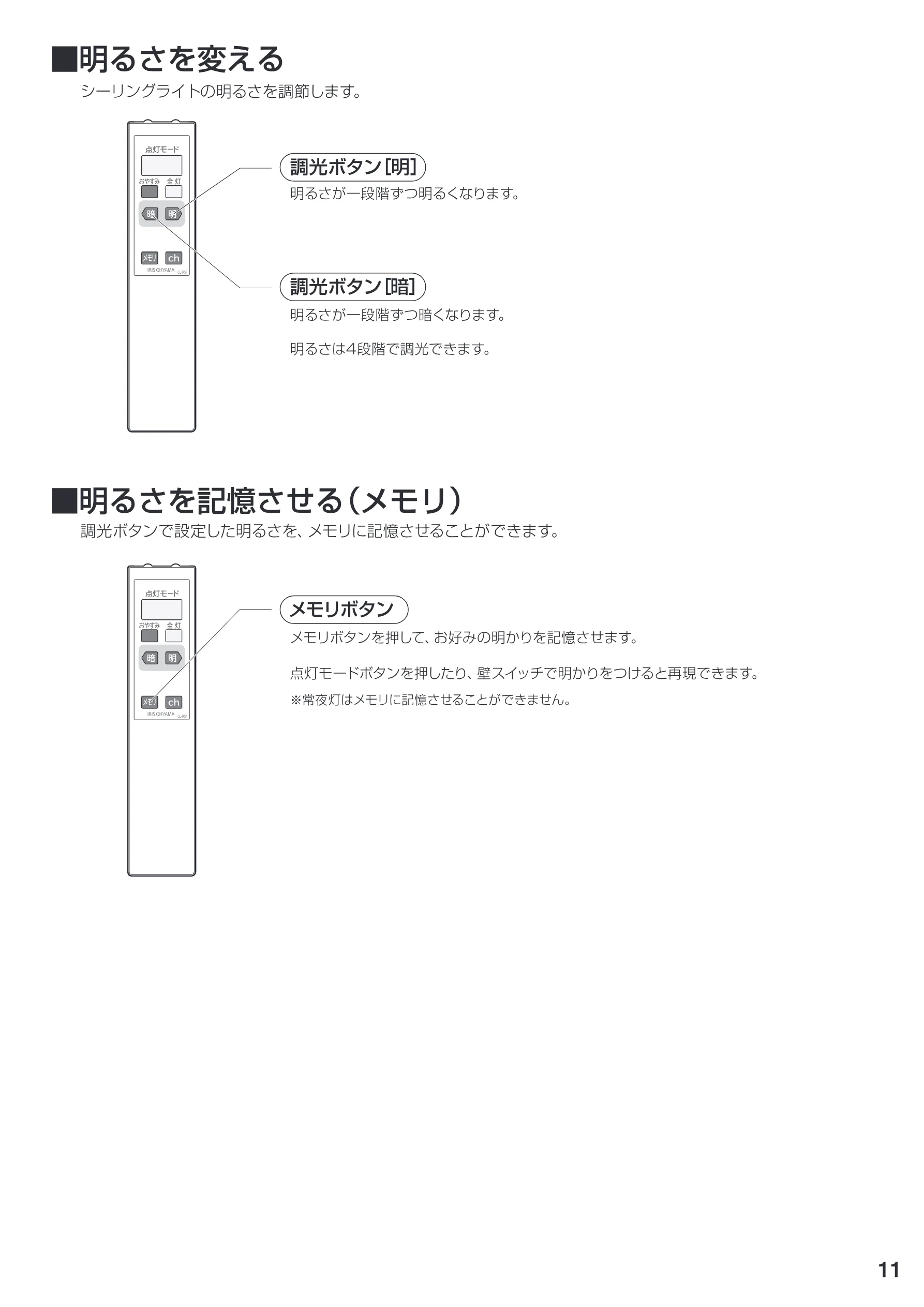 アイリスオーヤマ HS6N-W-A 取扱説明書 — 田明るさを変える シーリングライトの明るさを調節します。 — 図版 11-1 — 11ページ