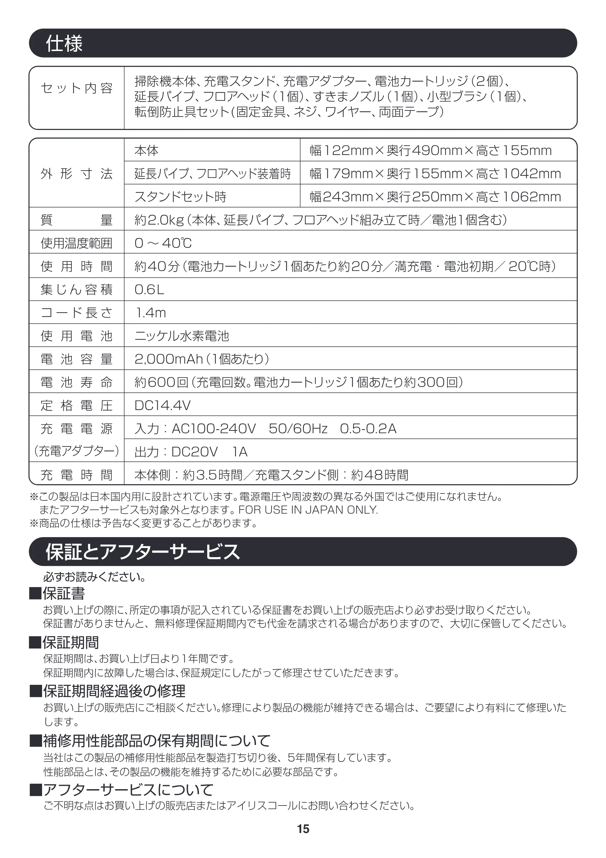 アイリスオーヤマ ESC-7DCK 取扱説明書 — 原本ページ — 15ページ