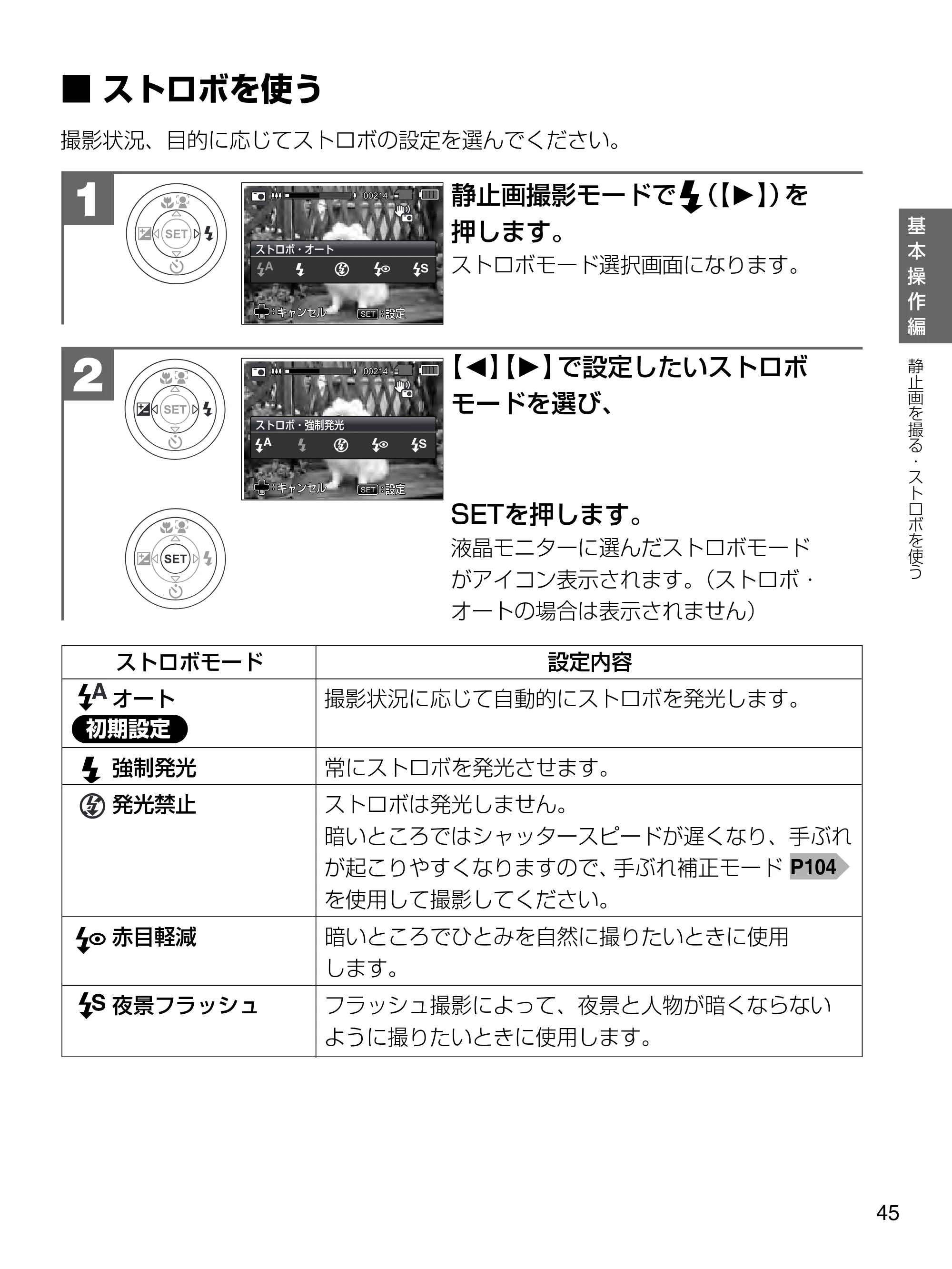 日立 HDC-1471 取扱説明書 — ストロボを使う — 原本ページ — 45ページ