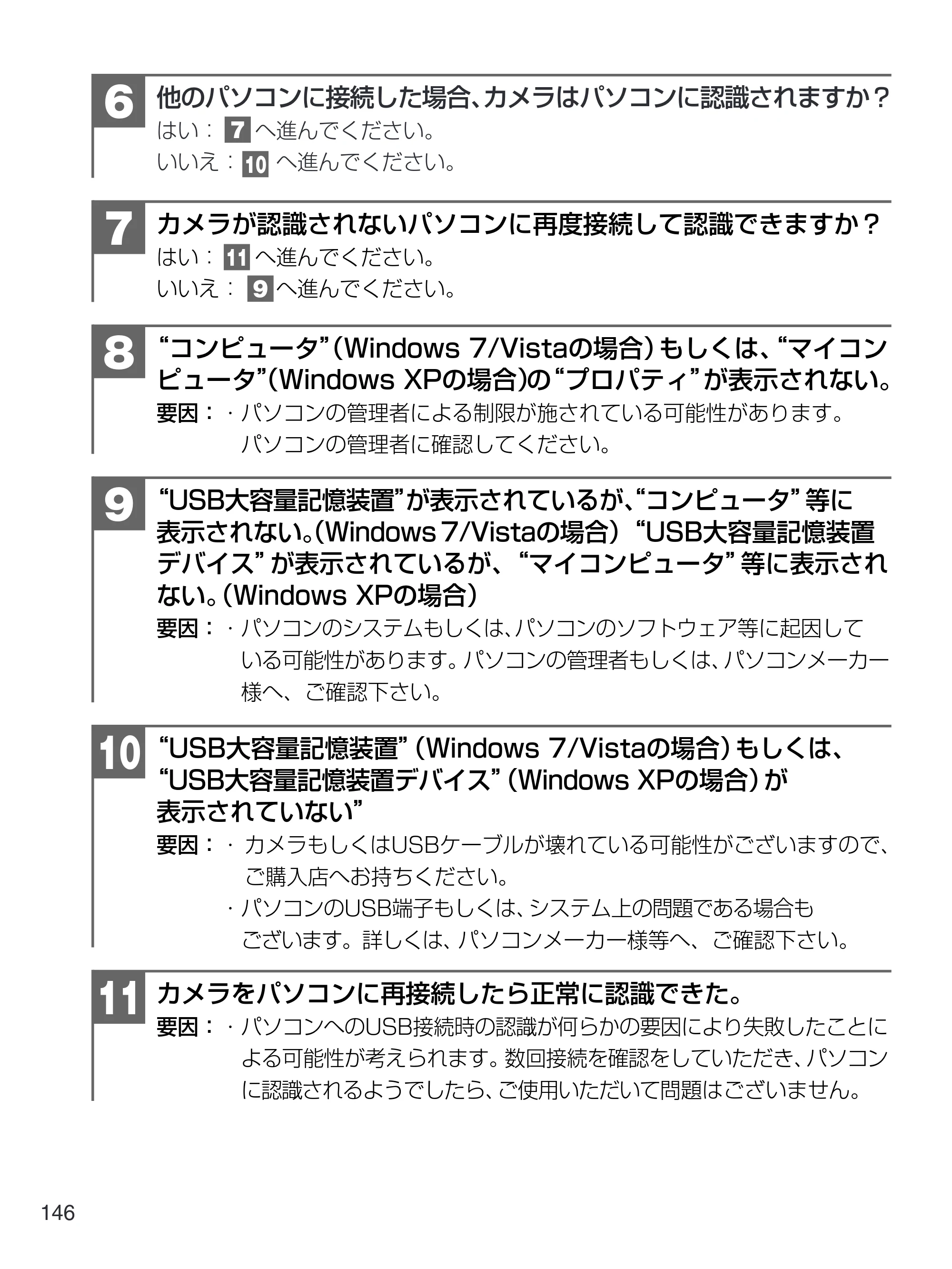 日立 HDC-1471 取扱説明書 — 他のパソコンに接続した場合、カメラはパソコンに認識されますか？ はい： へ進んでください。 いいえ： へ進んでください。 6 — 原本ページ — 146ページ