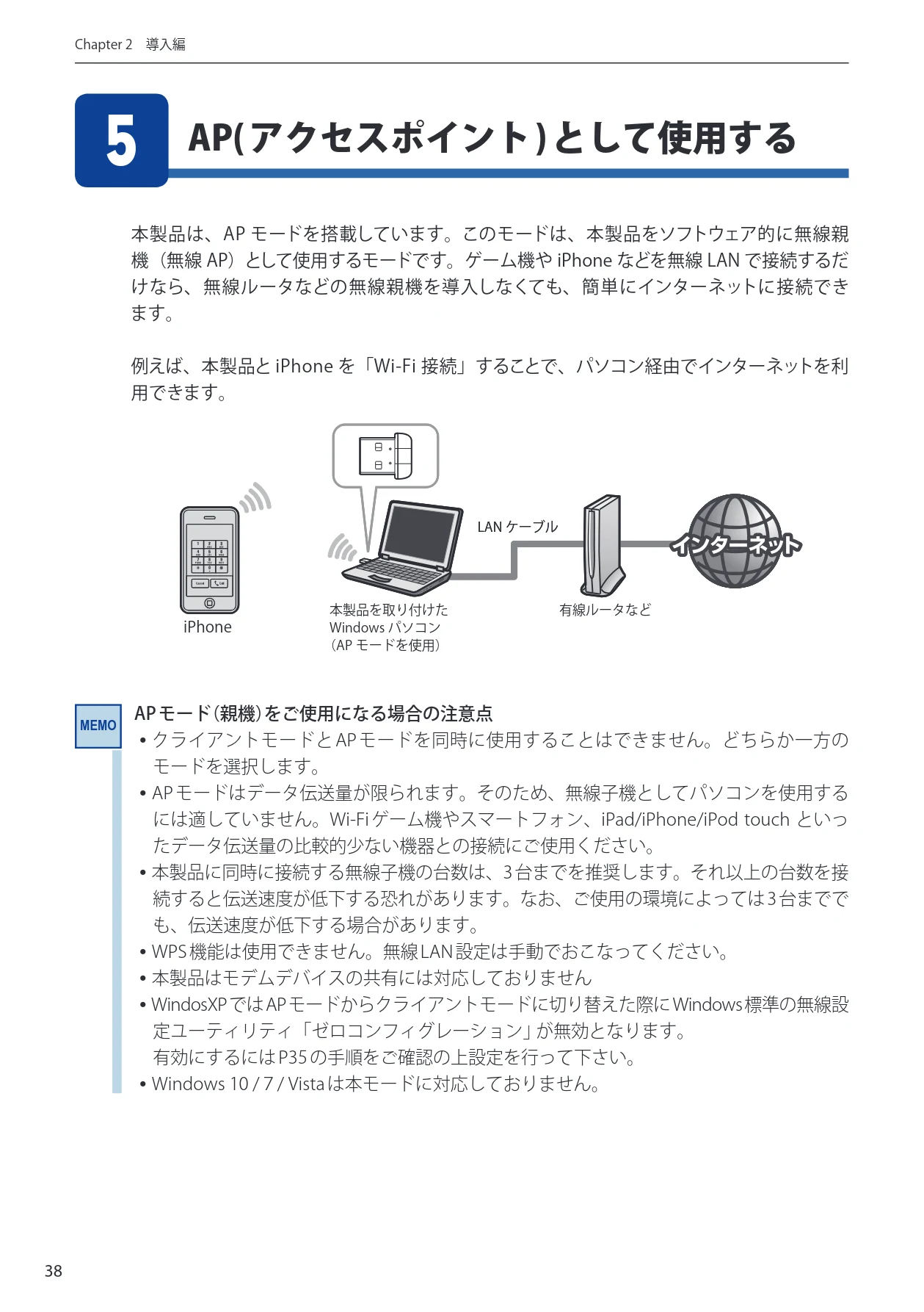 エレコム WDC-433SU2M2BK / WDC-433SU2M2WH 4.ユーザーズマニュアル(Windows版) — AP(アクセスポイント)として使用する 5 — 図版 38-1 — 38ページ