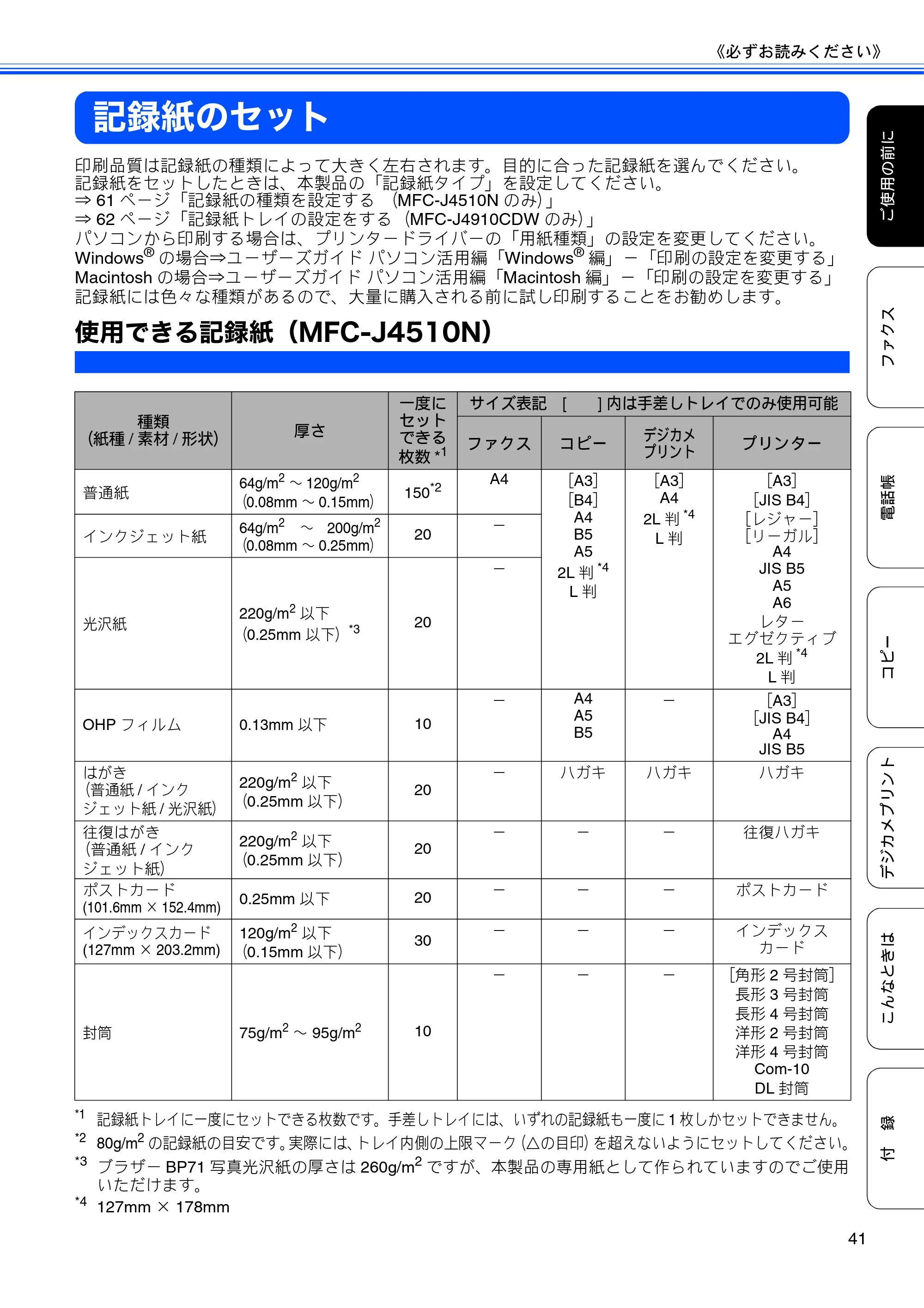 ブラザー MFC-J4510N / MFC-J4910CDW ユーザーズガイド ～基本編～ — 記録紙のセット — 原本ページ — 43ページ