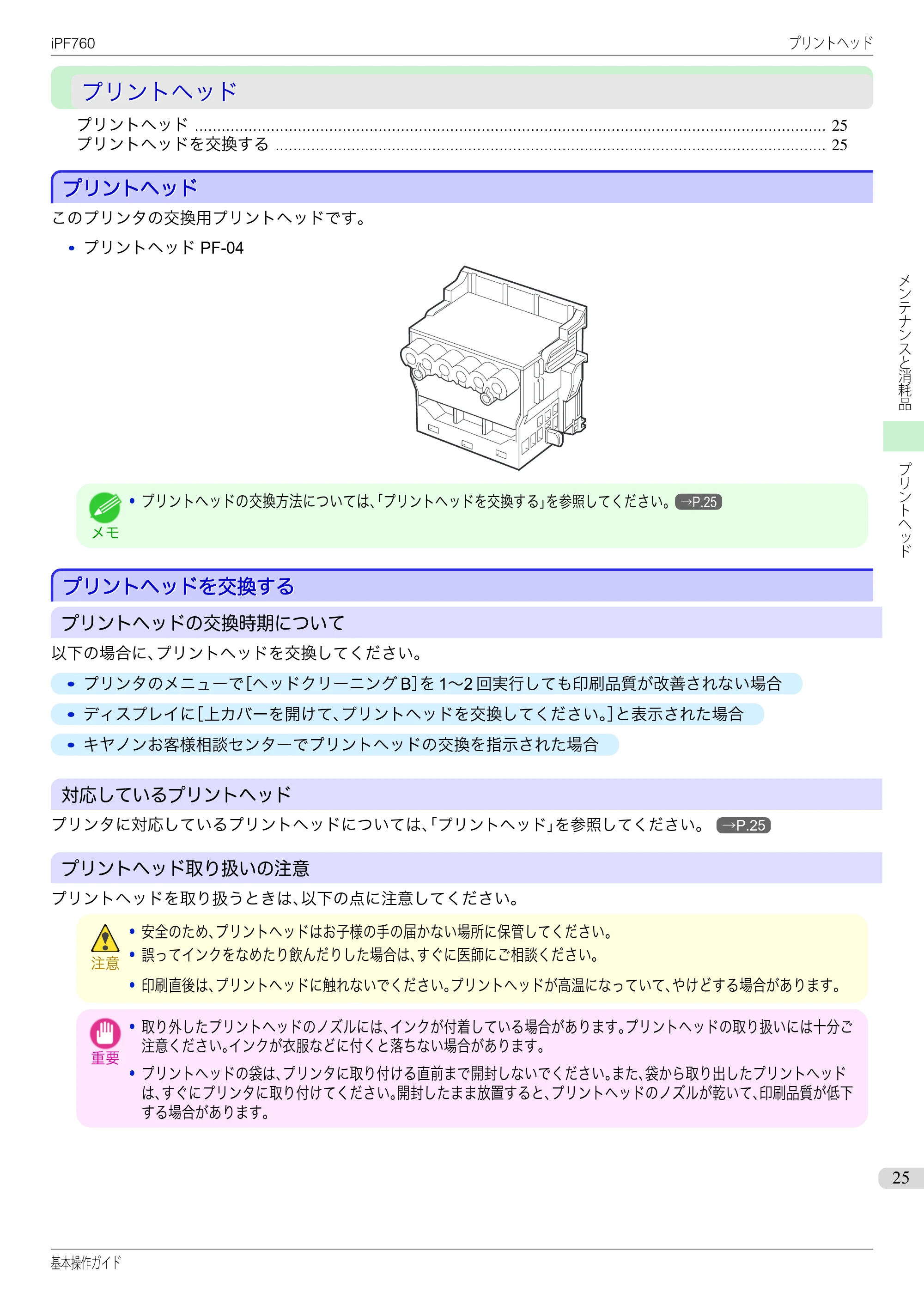 キヤノン iPF760/765 基本操作ガイド （PDF形式／11.24Mバイト） — プリントヘッド — 原本ページ — 25ページ