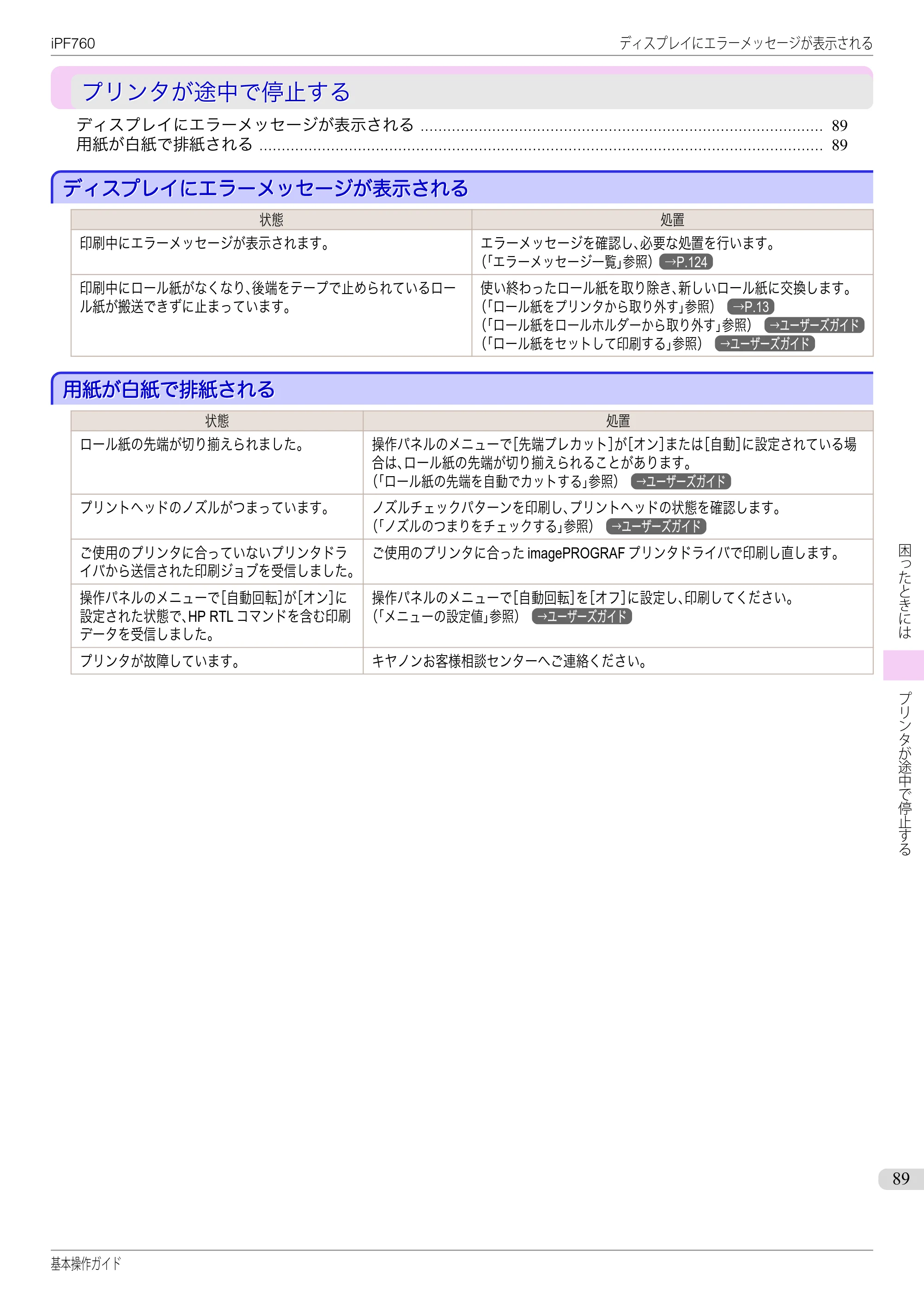 キヤノン iPF760/765 基本操作ガイド （PDF形式／11.24Mバイト） — プリンタが途中で停止する — 原本ページ — 89ページ
