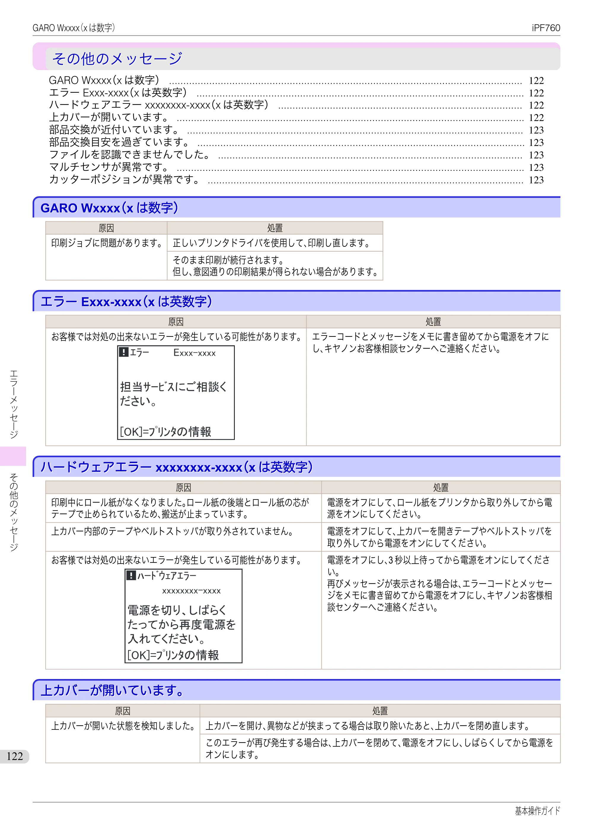 キヤノン iPF760/765 基本操作ガイド （PDF形式／11.24Mバイト） — その他のメッセージ — 原本ページ — 122ページ