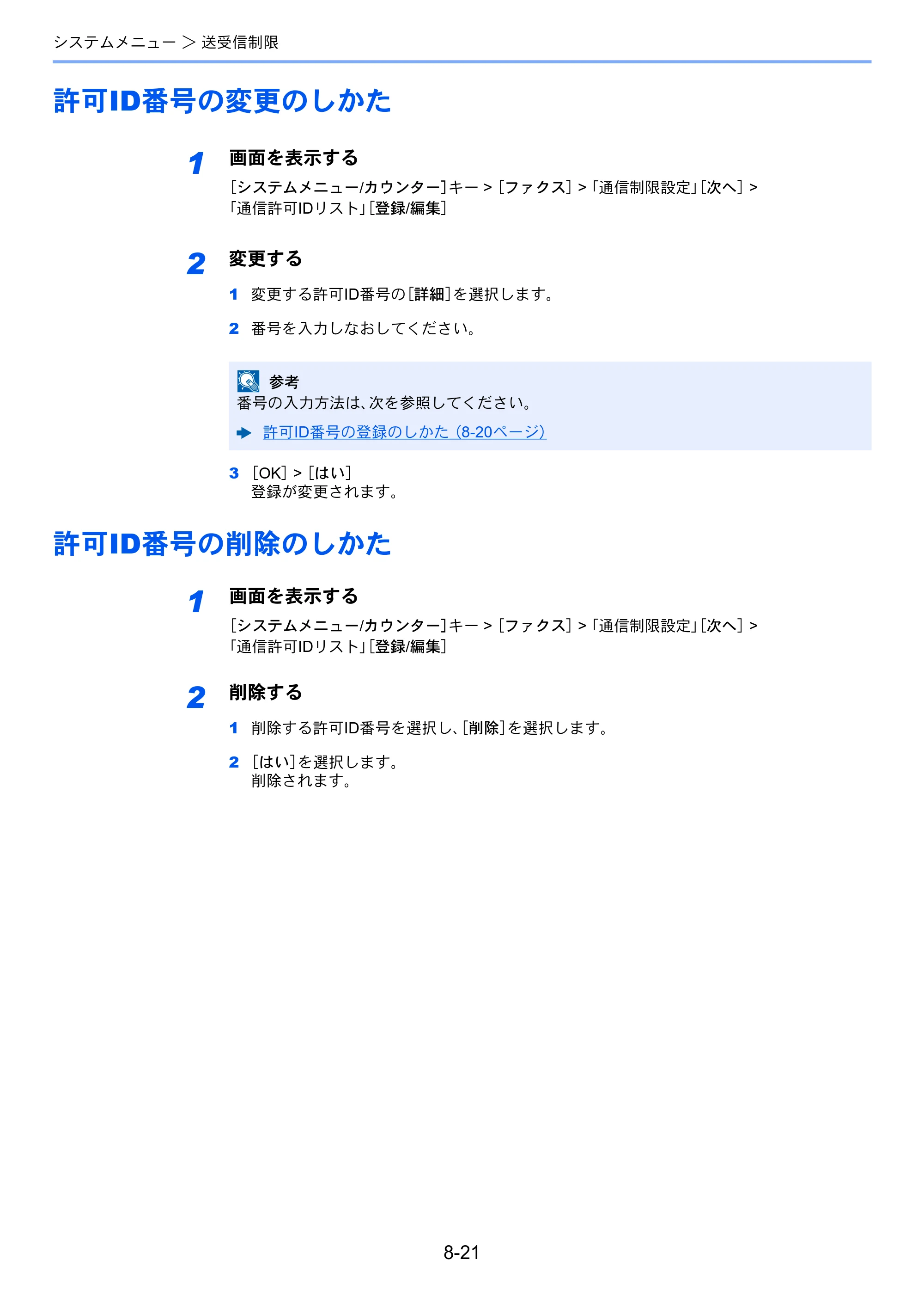 京セラ TASKalfa 2552ci / TASKalfa 3252ci / TASKalfa 4052ci TASKalfa 6002i/5002i/4002i FAX使用説明書 — 許可ID番号の変更のしかた — 原本ページ — 207ページ