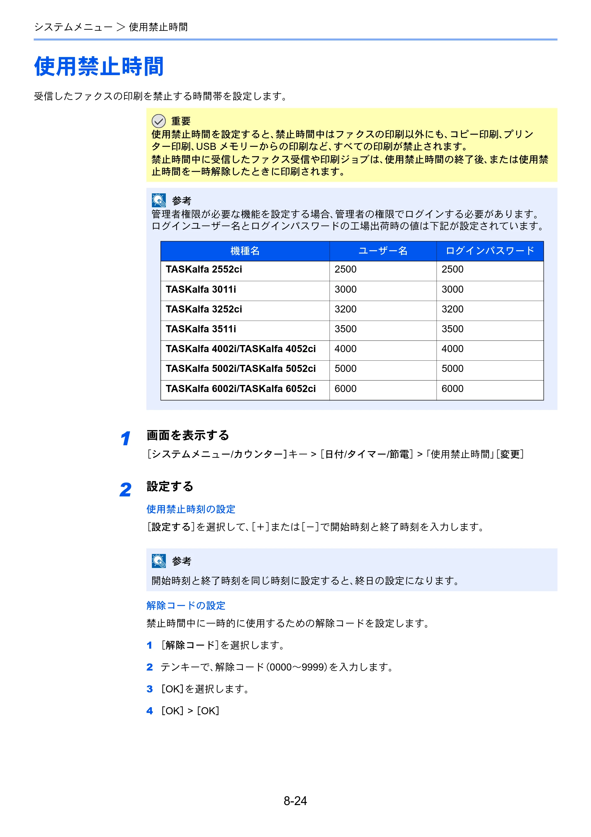 京セラ TASKalfa 2552ci / TASKalfa 3252ci / TASKalfa 4052ci TASKalfa 6002i/5002i/4002i FAX使用説明書 — 使用禁止時間 — 原本ページ — 210ページ