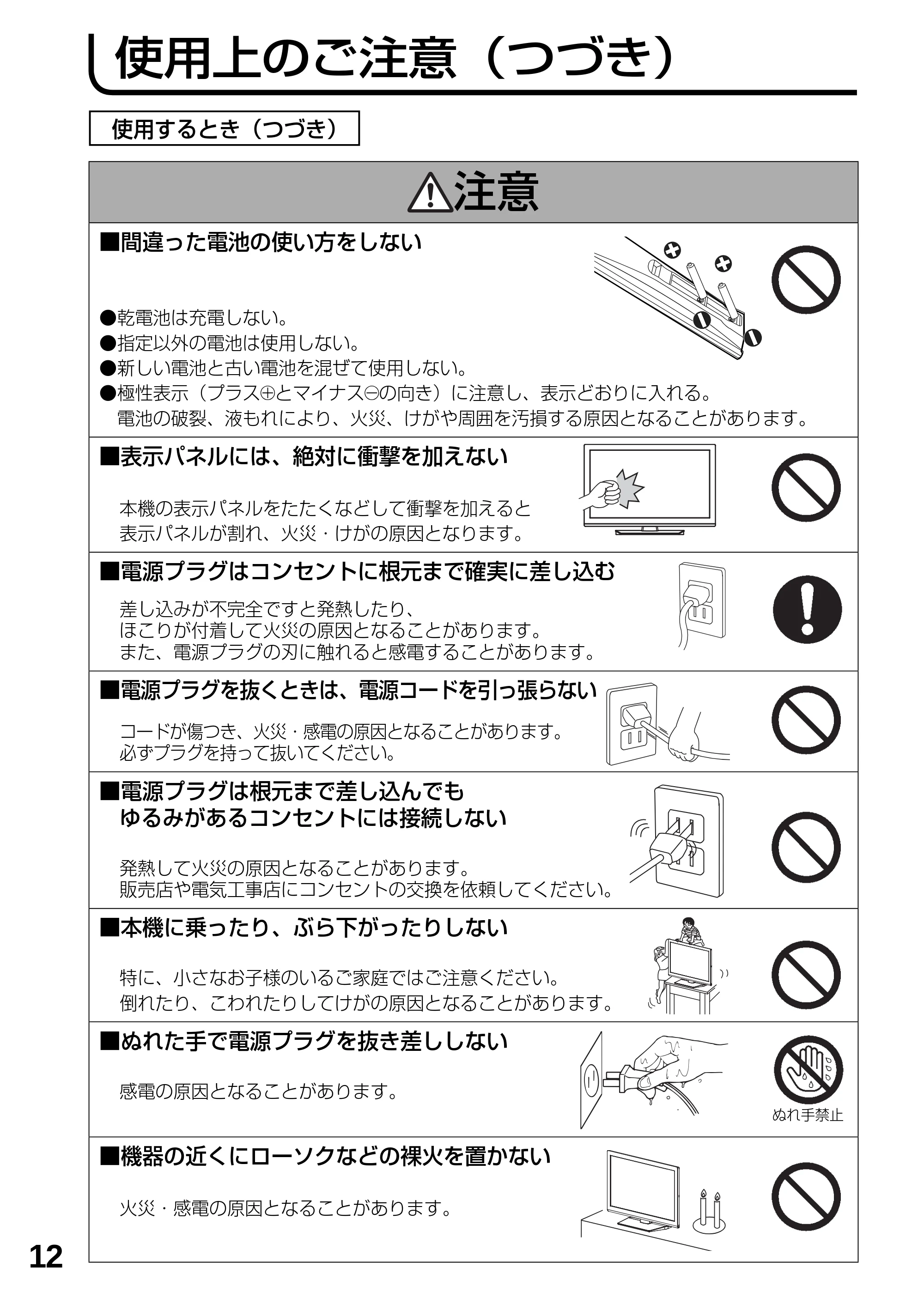 日立 L23-N2 / L50-N2 / L39-N2 取扱説明書 — 使用上のご注意(つづき) — 原本ページ — 12ページ