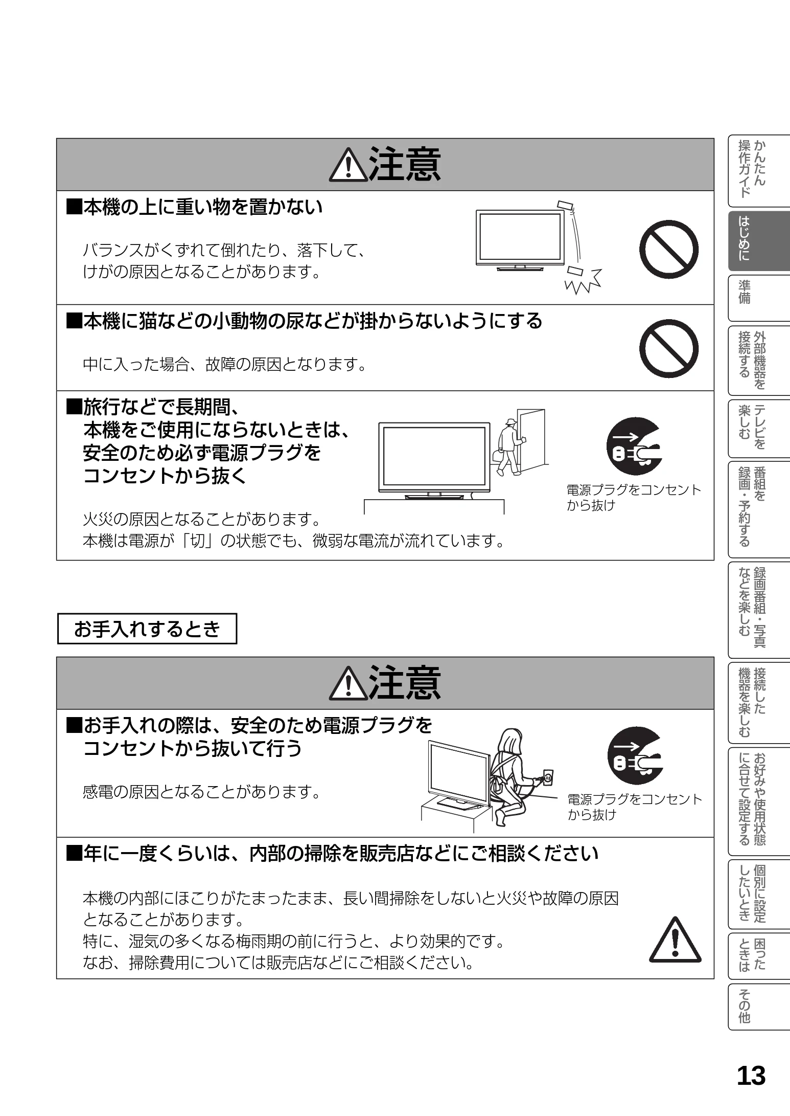 日立 L23-N2 / L50-N2 / L39-N2 取扱説明書 — ■ 本機の上に重い物を置かない — 図版 13-1 — 13ページ