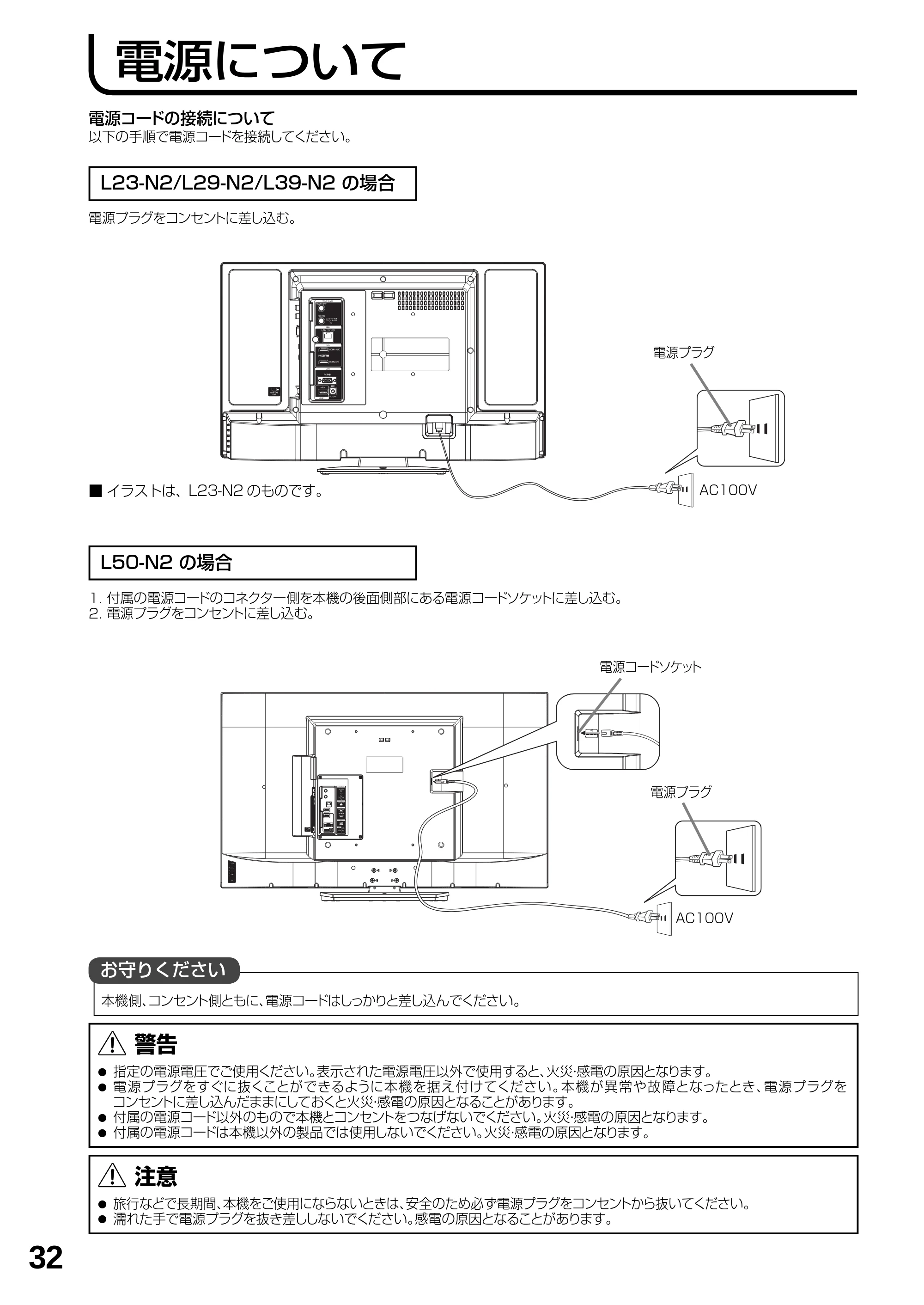 日立 L23-N2 / L50-N2 / L39-N2 取扱説明書 — 電源について — 原本ページ — 32ページ