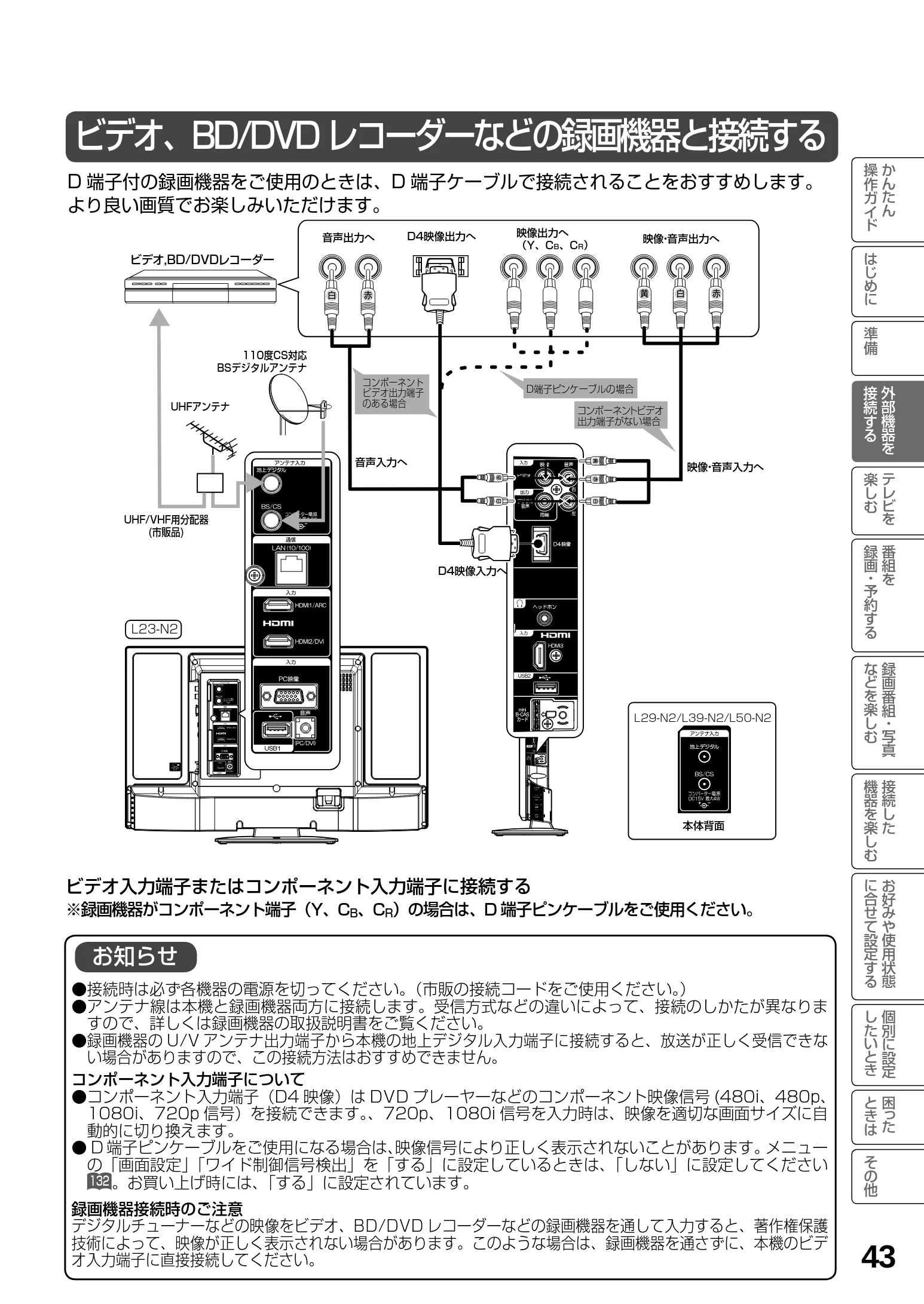 日立 L23-N2 / L50-N2 / L39-N2 取扱説明書 — ビデオ、BD/DVD レコーダーなどの録画機器と接続する — 図版 43-1 — 43ページ