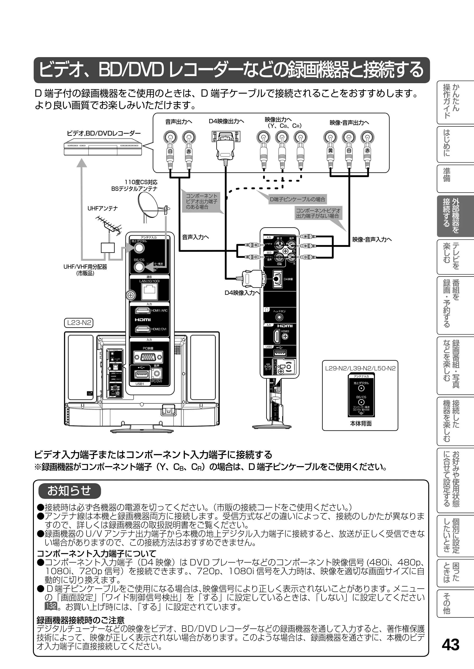 日立 L23-N2 / L50-N2 / L39-N2 取扱説明書 — ビデオ、BD/DVD レコーダーなどの録画機器と接続する — 原本ページ — 43ページ