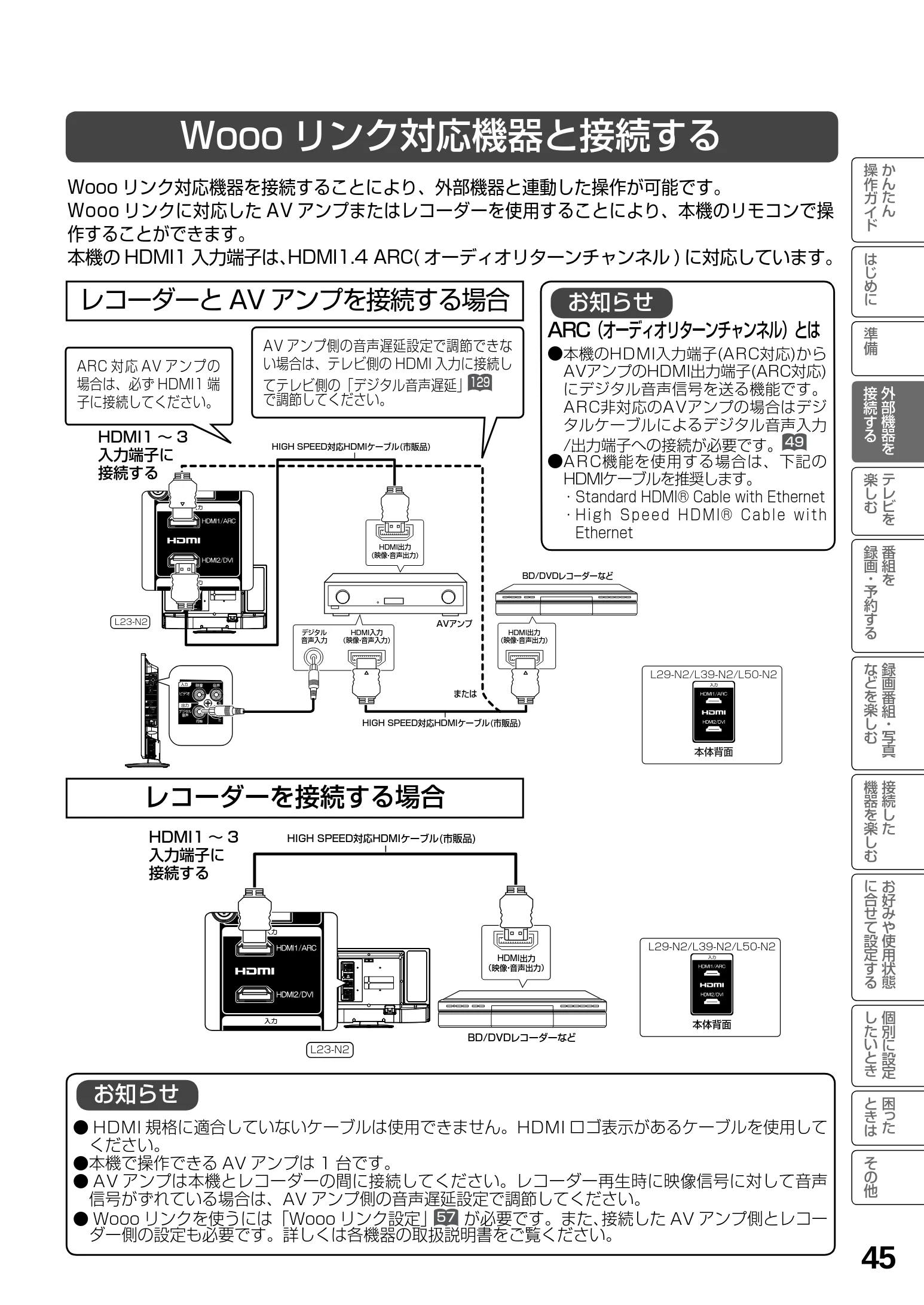 日立 L23-N2 / L50-N2 / L39-N2 取扱説明書 — Wooo リンク対応機器と接続する — 図版 45-1 — 45ページ