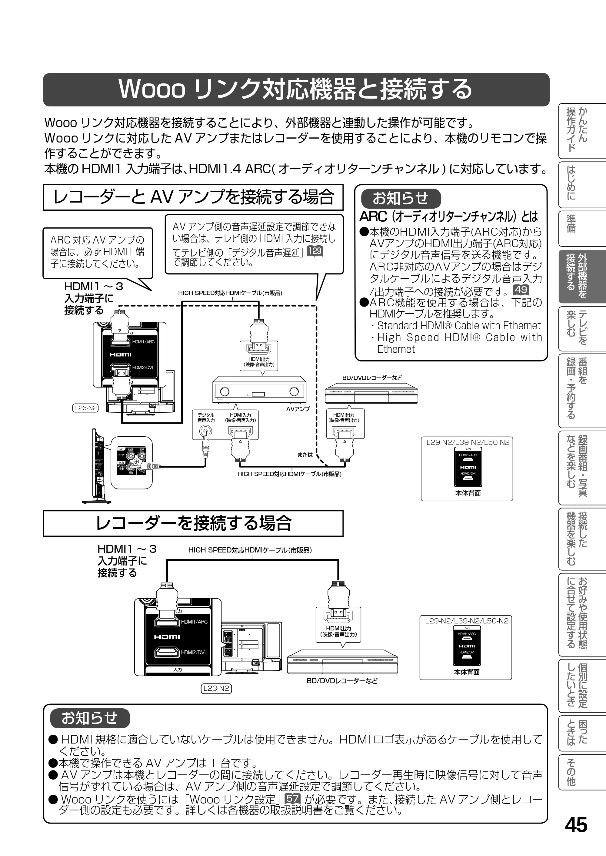 日立 L23-N2 / L50-N2 / L39-N2 取扱説明書 — Wooo リンク対応機器と接続する — 原本ページ — 45ページ