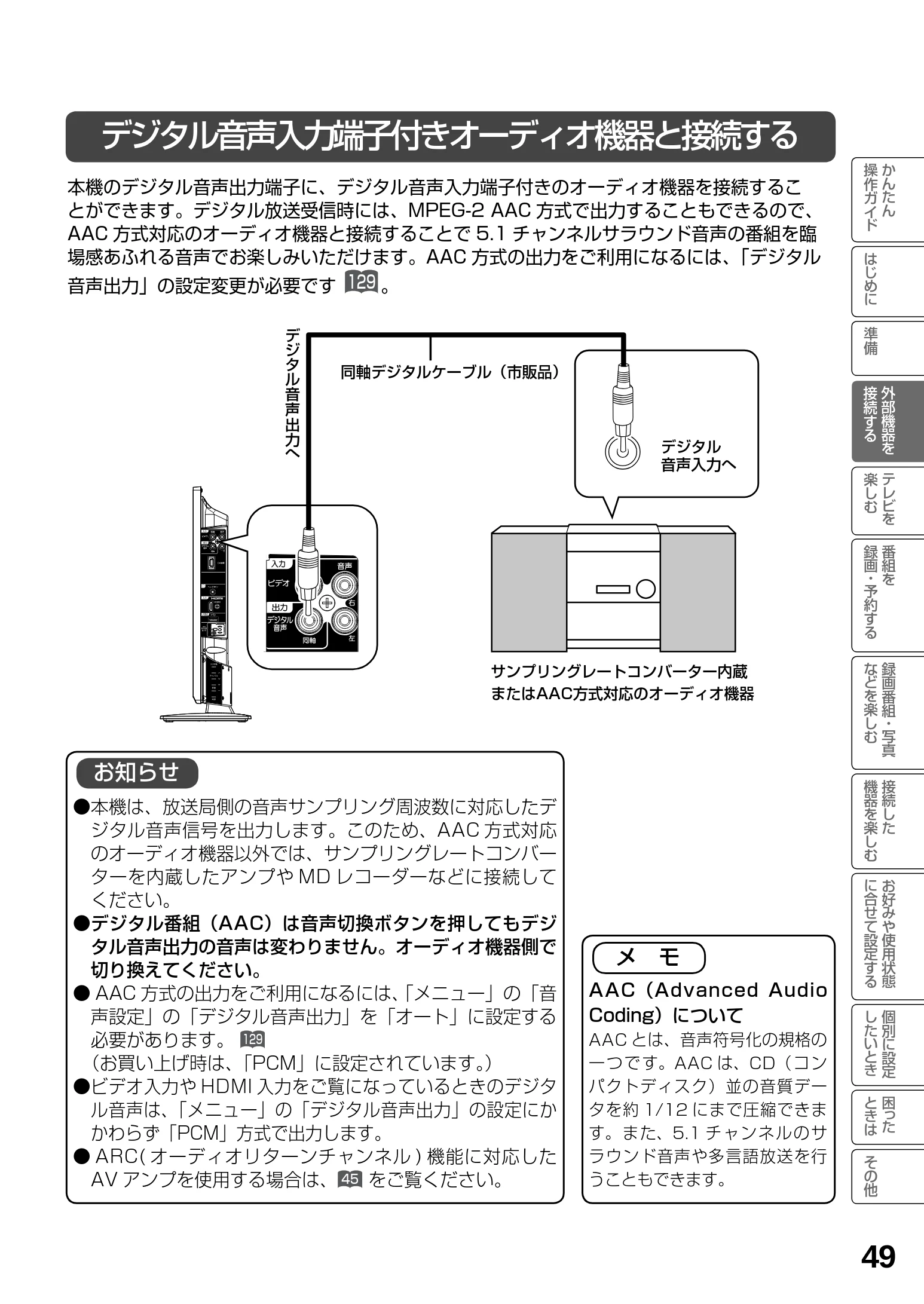 日立 L23-N2 / L50-N2 / L39-N2 取扱説明書 — デジタル音声入力端子付きオーディオ機器と接続する — 図版 49-1 — 49ページ