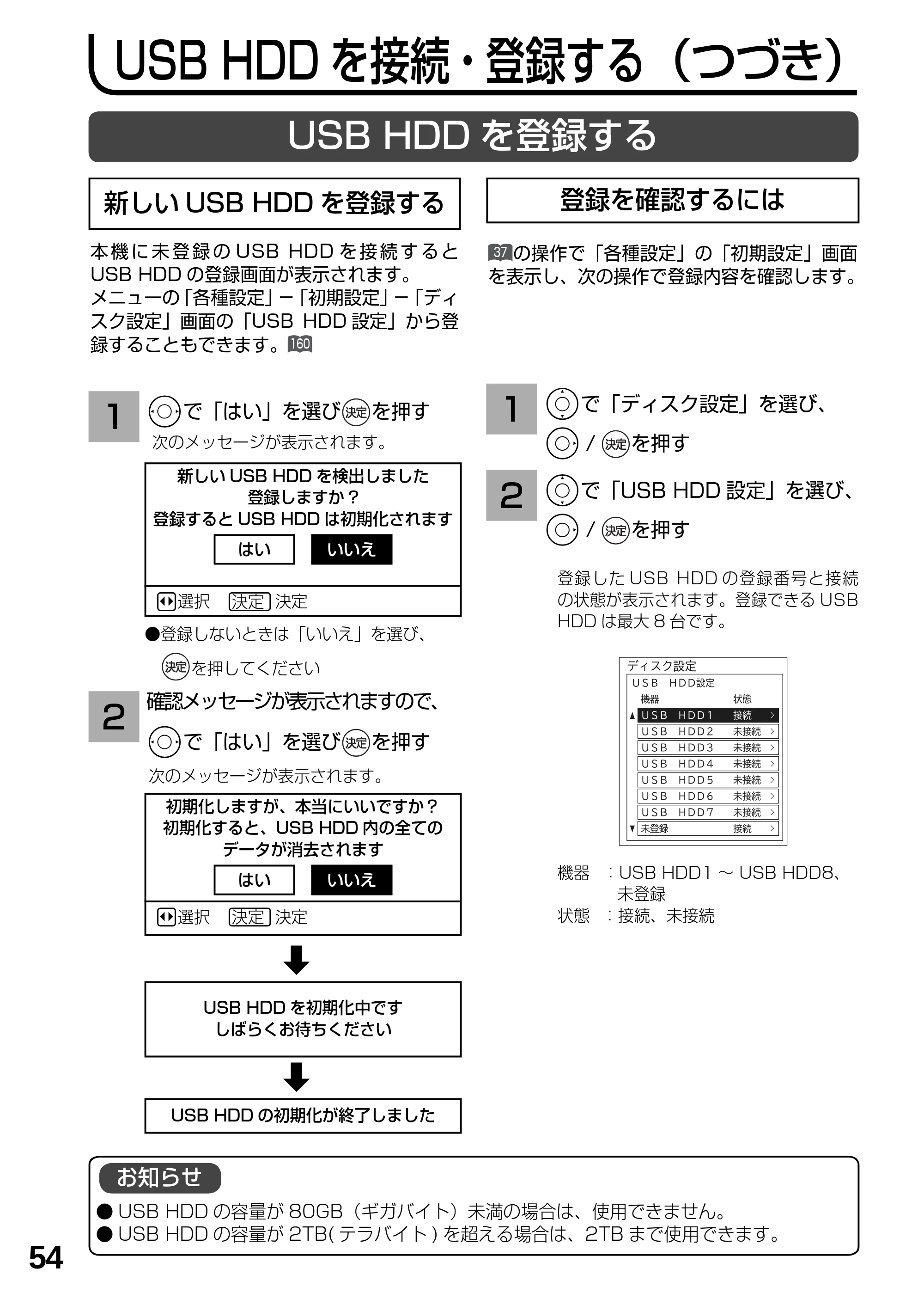 日立 L23-N2 / L50-N2 / L39-N2 取扱説明書 — USB HDD を接続・登録する(つづき) — 原本ページ — 54ページ