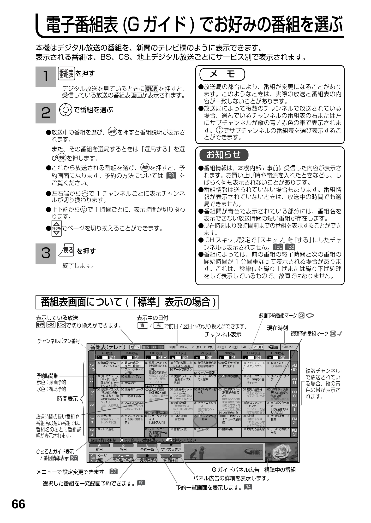 日立 L23-N2 / L50-N2 / L39-N2 取扱説明書 — 電子番組表(G ガイド) でお好みの番組を選ぶ — 図版 66-1 — 66ページ
