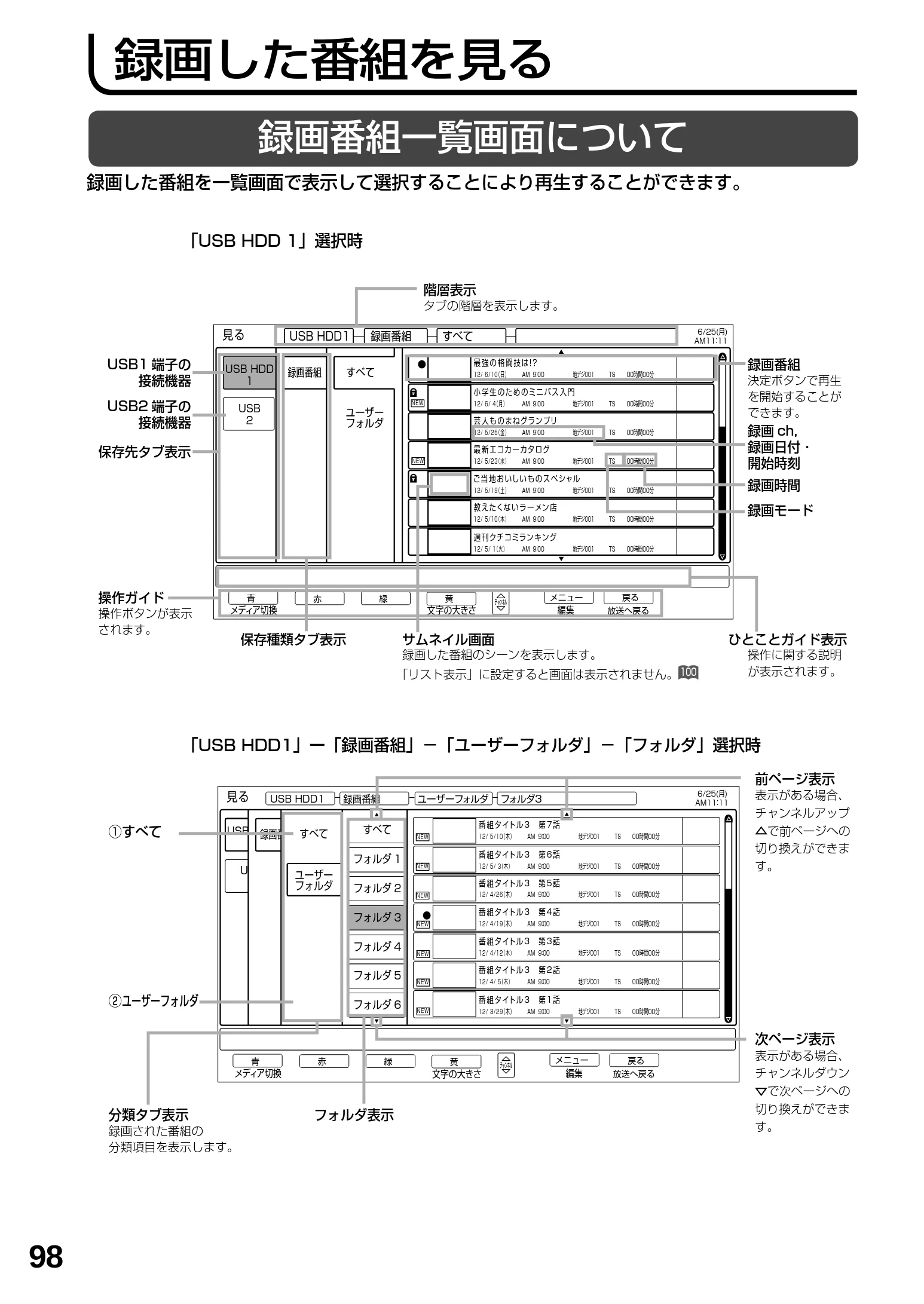 日立 L23-N2 / L50-N2 / L39-N2 取扱説明書 — 録画した番組を見る — 図版 98-1 — 98ページ