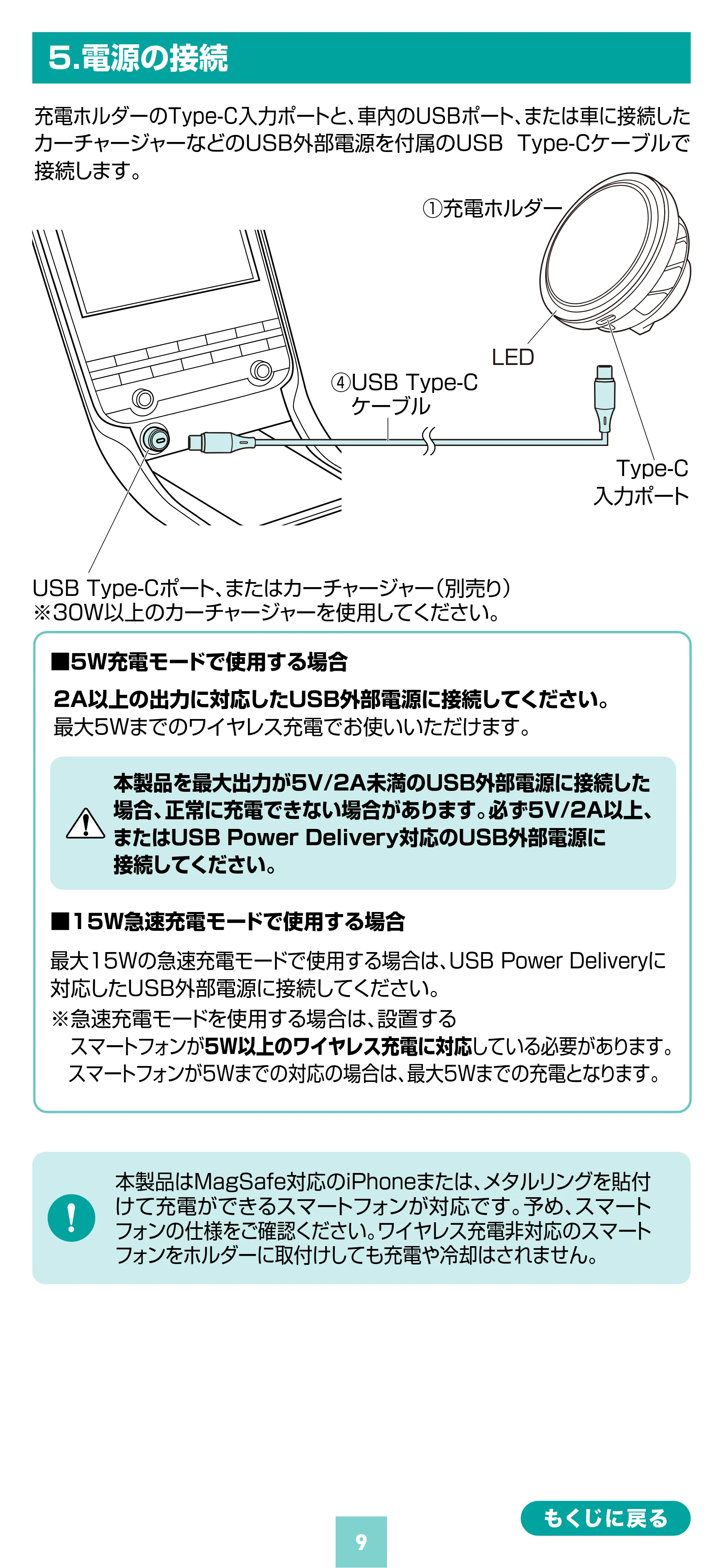 サンワサプライ 200-CAR116 取扱説明書 — 5.電源の接続 — 原本ページ — 9ページ