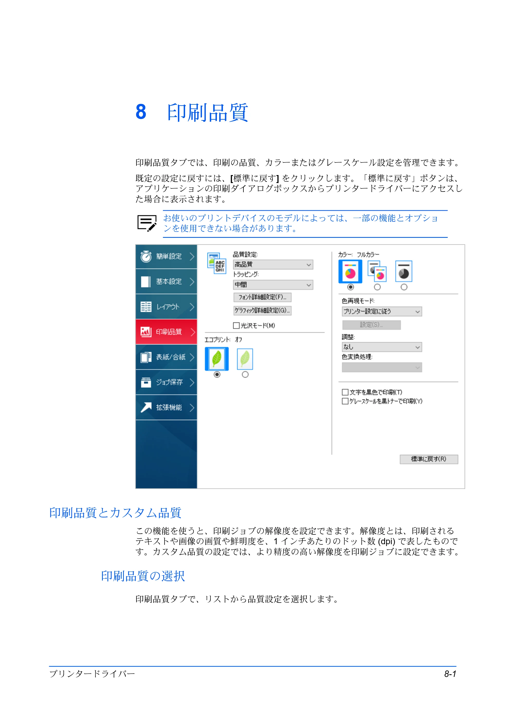 京セラ ECOSYS P5026cdw / ECOSYS M5526cdw プリンタードライバー 操作手順書 — 8 印刷品質 — 原本ページ — 77ページ
