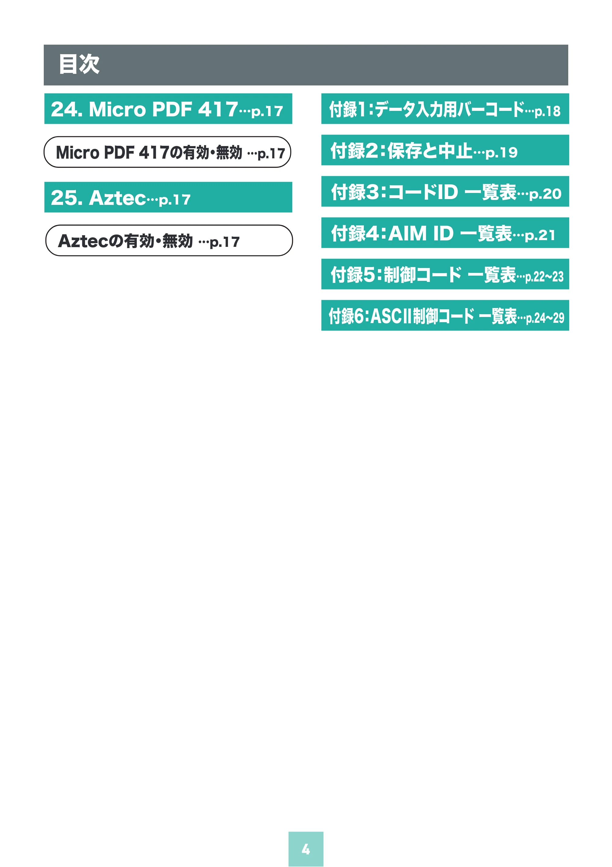 サンワサプライ BCR-BT2D14BK 取扱説明書 — 24. Micro PDF 417…p.17 — 原本ページ — 4ページ