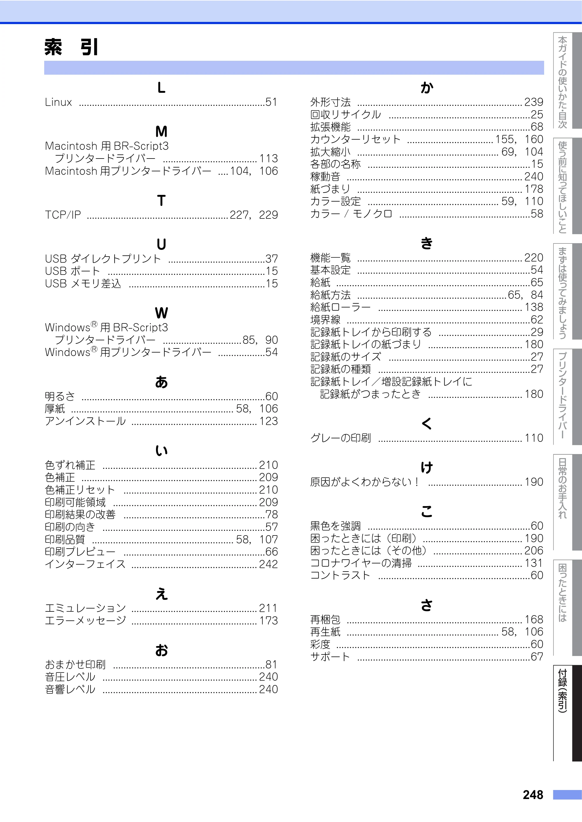 ブラザー HL-L9200CDWT ユーザーズガイド — 索 引 — 原本ページ — 248ページ
