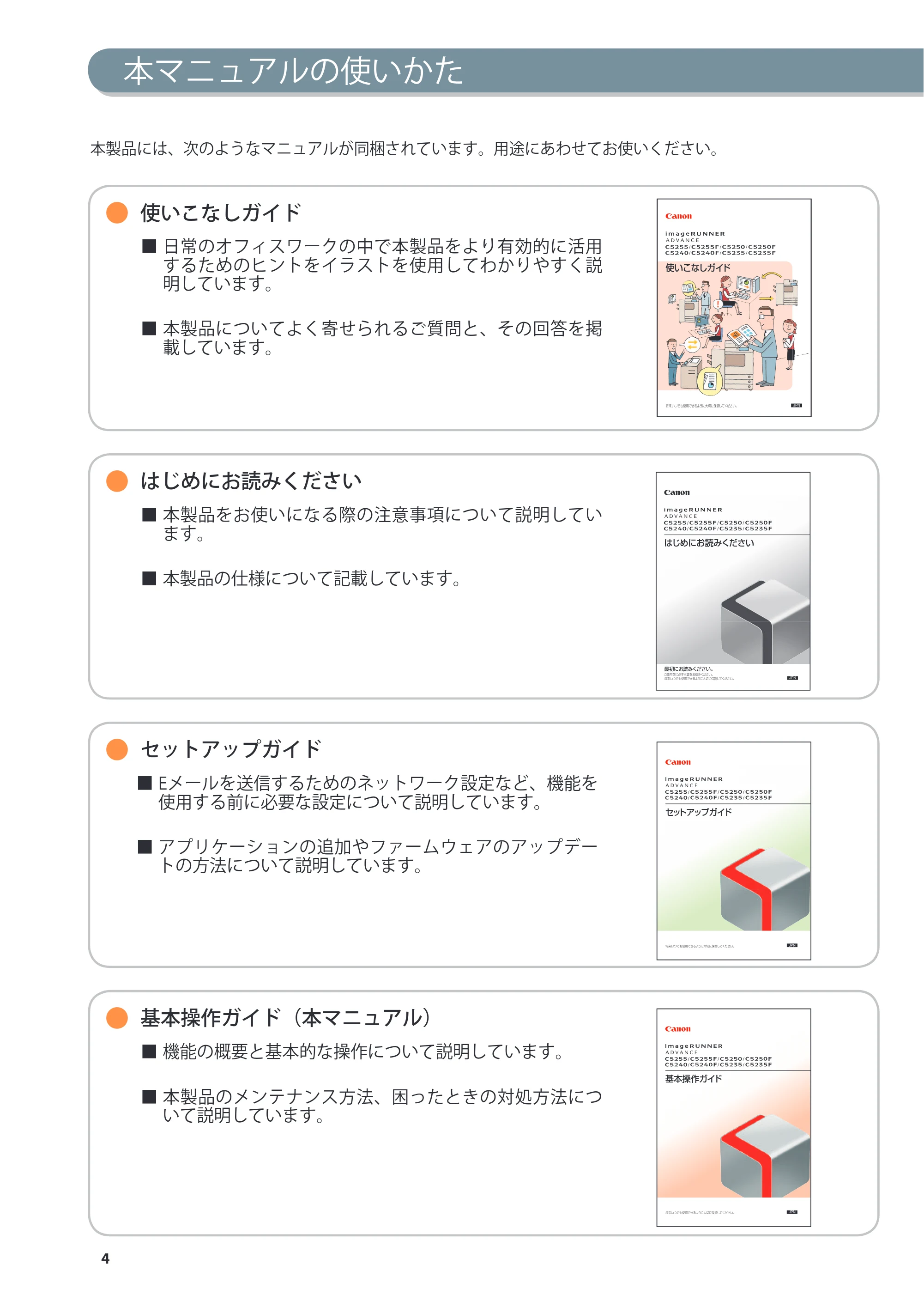 キヤノン imageRUNNER ADVANCE C5255F/C5255F-R/C5255/C5250F/C5250/C5240F/C5240F-R/C5240/C5235F/C5235 基本操作ガイド 2013年4月24日更新(PDF:15.7MB) — 原本ページ — 4ページ