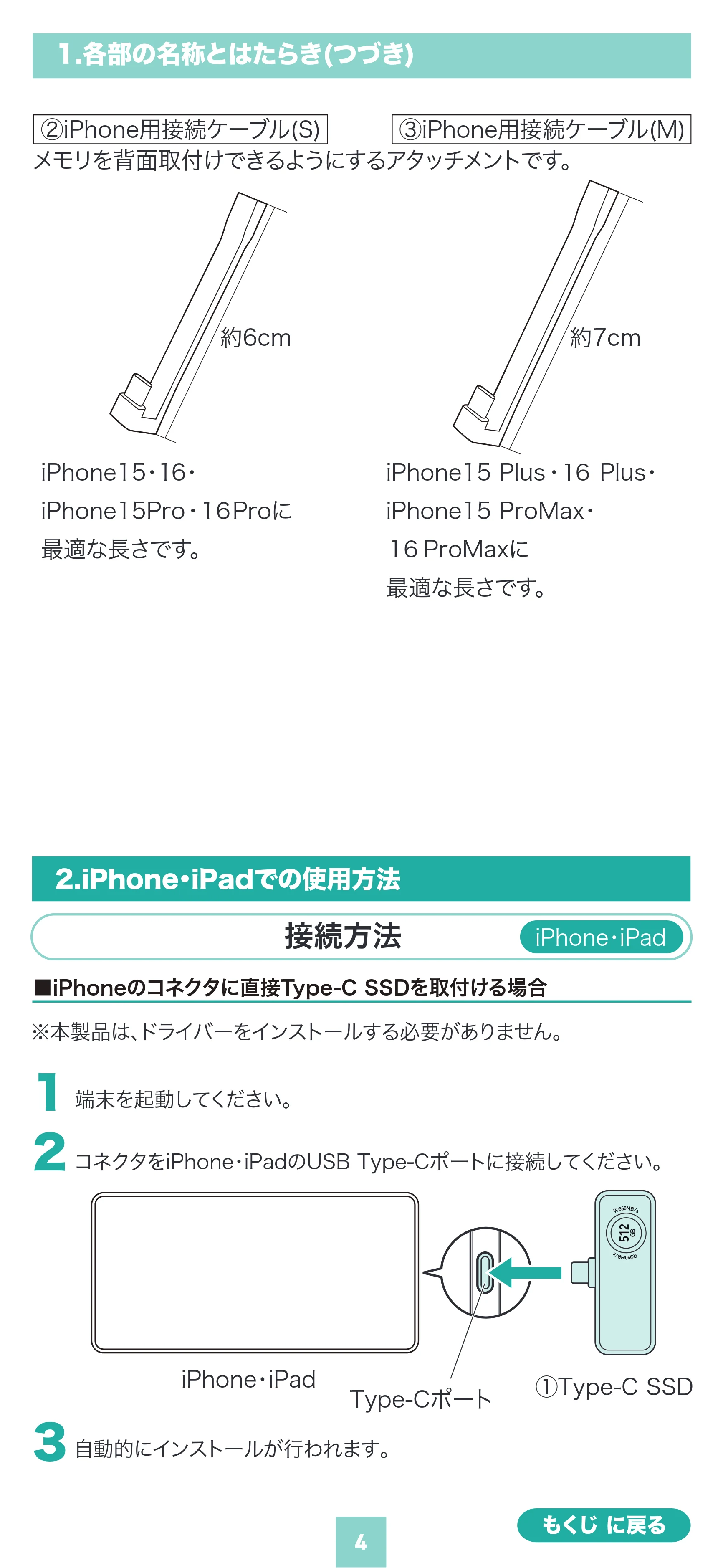 サンワサプライ 600-IPCFAN1TB / 600-IPCFAN512GB / 600-IPCFAN2TB 取扱説明書 — iPhone・iPad 接続方法 — 原本ページ — 4ページ