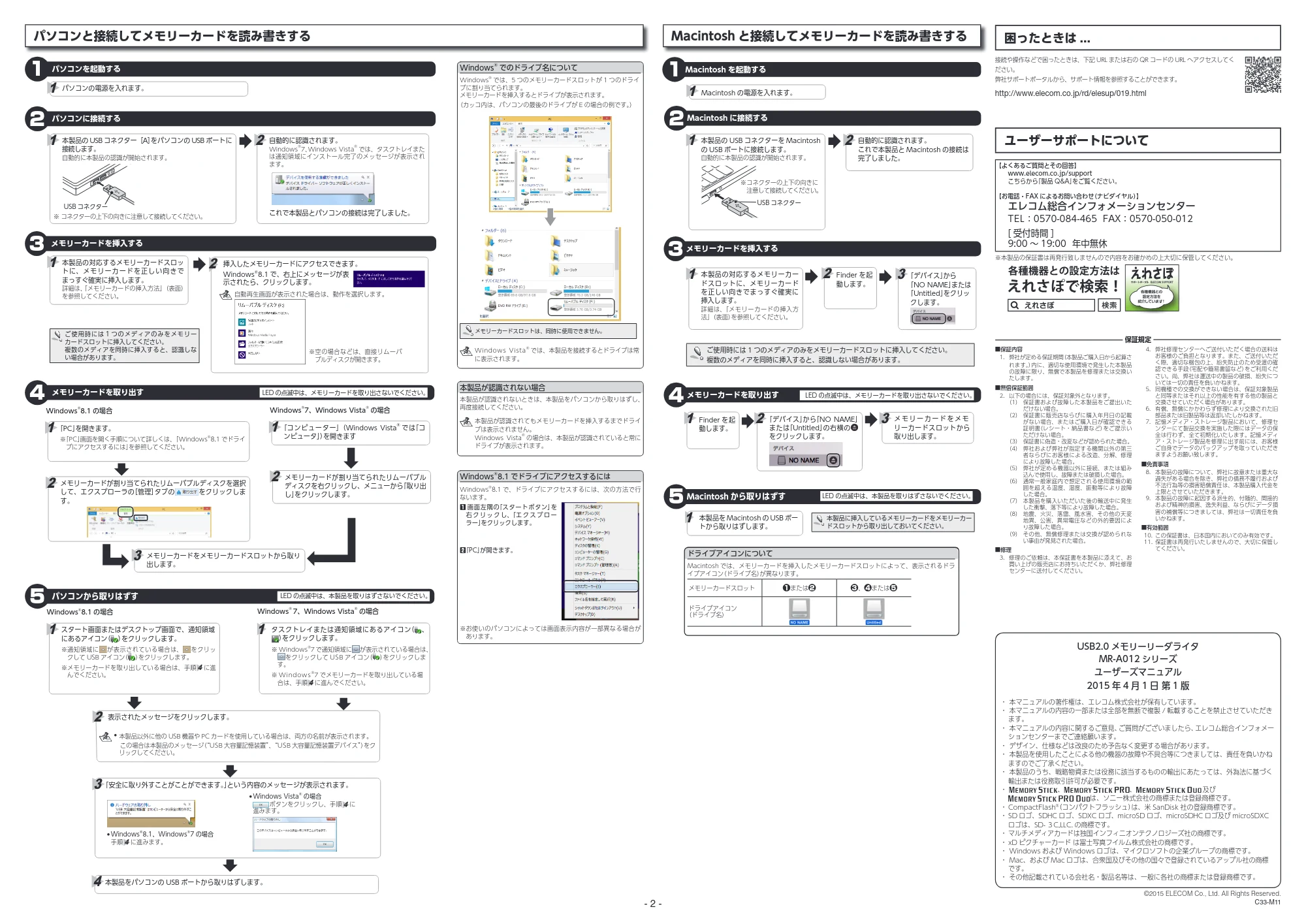 エレコム MR-A012BK / MR-A012WH ユーザーズマニュアル — パソコンと接続してメモリーカードを読み書きする — 原本ページ — 2ページ